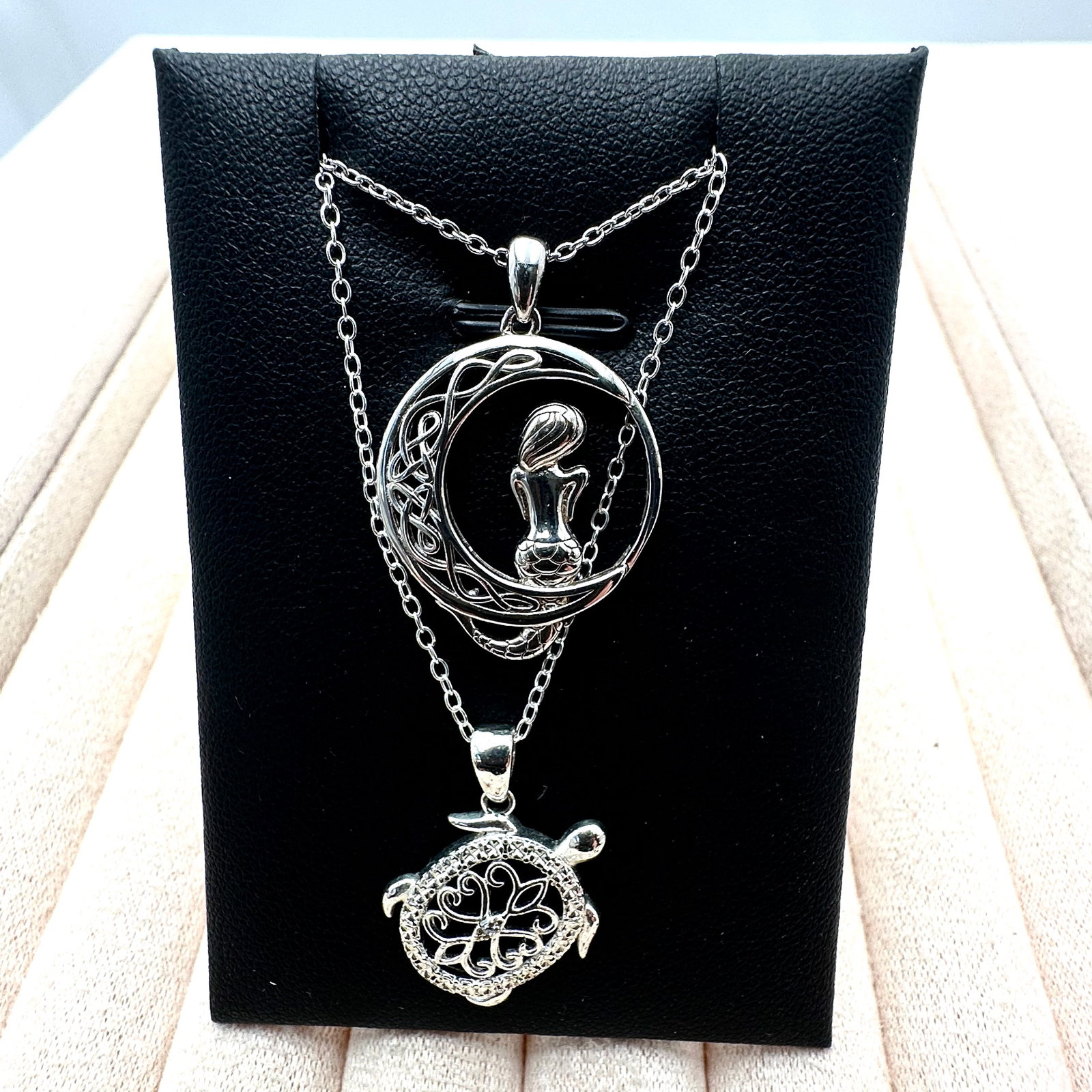 Group of Two Sterling Silver Pendant Necklaces Turtle and Mermaid (1 of 2)
