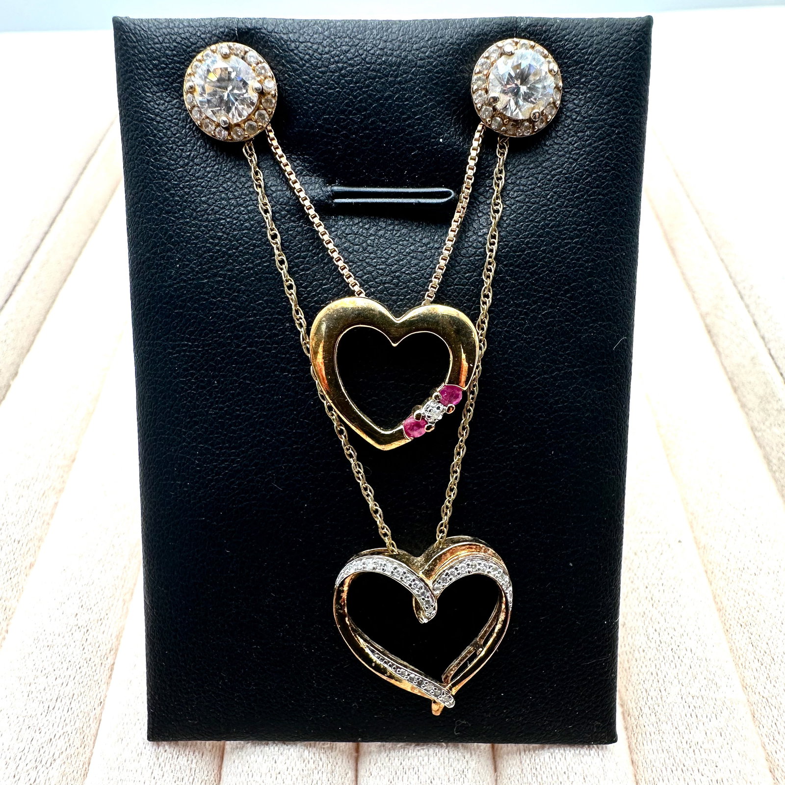 Group of Two Gold Plated Sterling Silver Pendant Necklaces Ruby with Diamond Accents CZ Pierced (1 of 2)