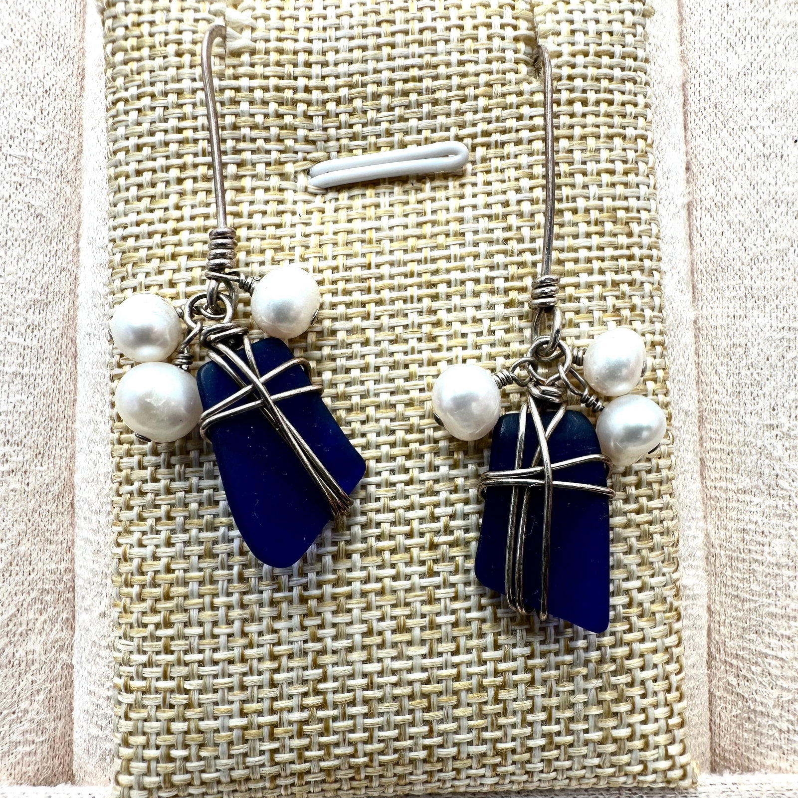 Blue Sea Glass Freshwater Pearl Sterling Silver Pierced Earrings 2 Inch Length: Blue Sea Glass Freshwater Pearl Sterling Silver Pierced Earrings 2 Inch Length