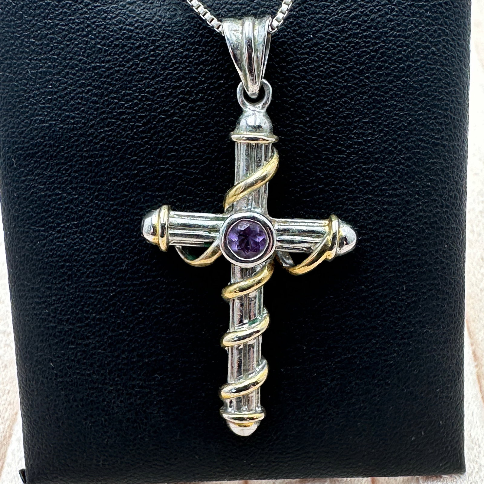Purple Amethyst Sterling Silver Cross Pendant Necklace 17 Inch Chain Gold Accents of Cross (1 of 2)