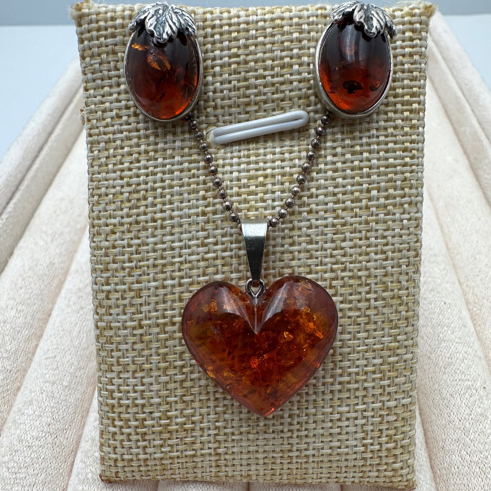 Natural Amber Heart Pendant Sterling Silver Necklace and Matching Pierced Stud Earrings: Natural Amber Heart Pendant Sterling Silver Necklace and Matching Pierced Stud Earrings
