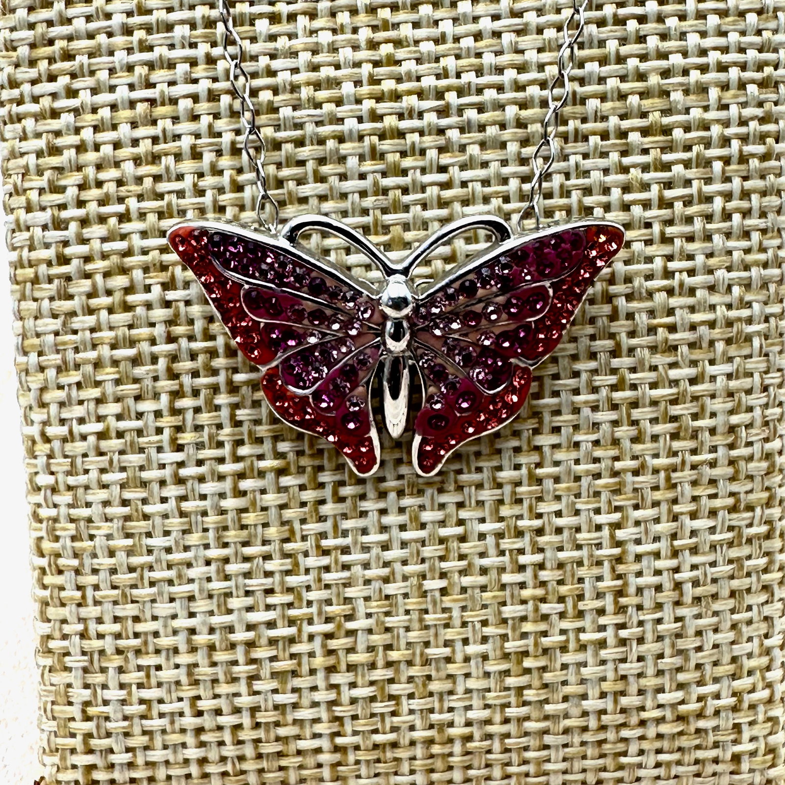 Orange and Pink Crystal Butterfly Pendant Sterling Silver Necklace 18 Inch Chain: Orange and Pink Crystal Butterfly Pendant Sterling Silver Necklace 18 Inch Chain