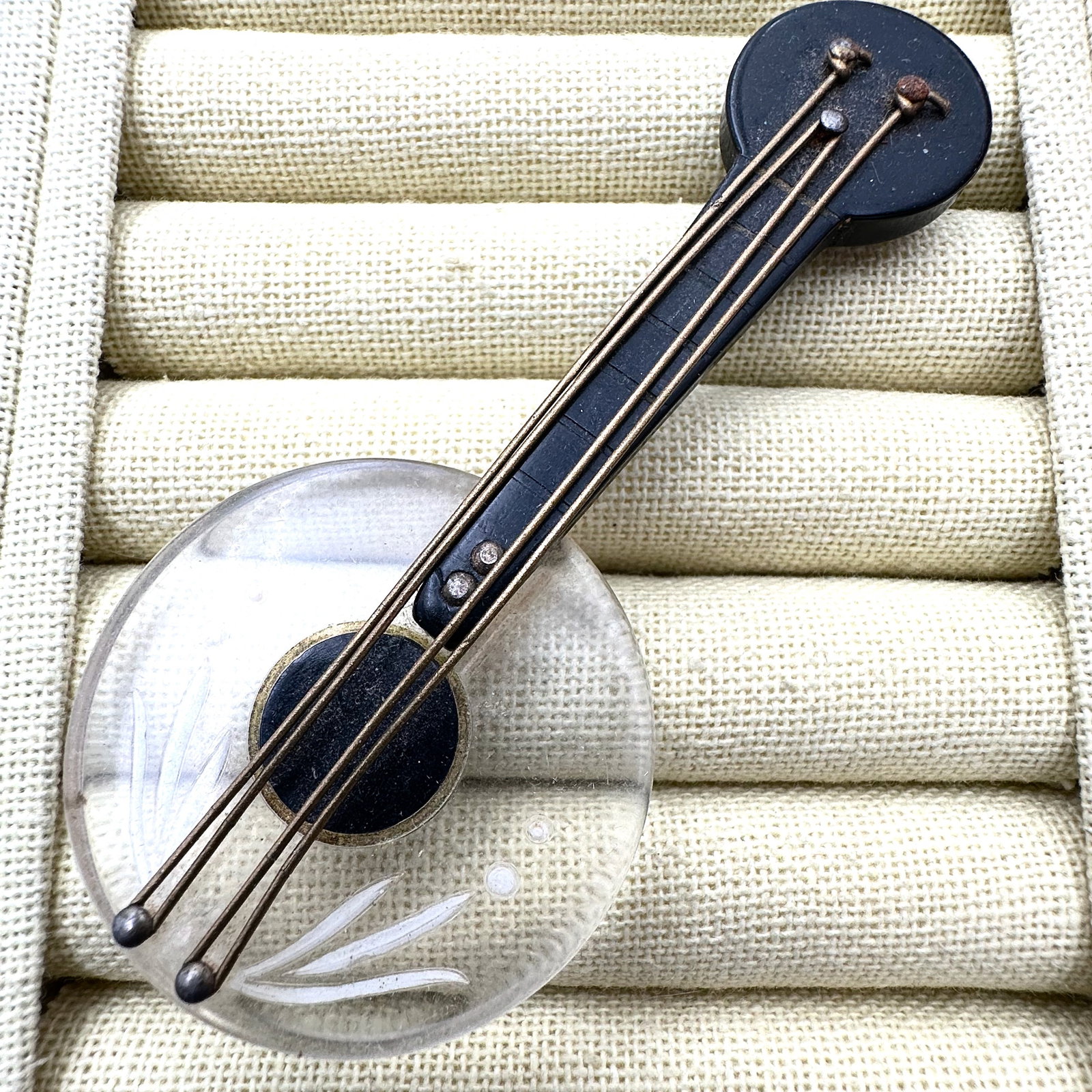 Antique Early Plastic Black and Clear Banjo Brooch Pin 4 Inch (1 of 2)