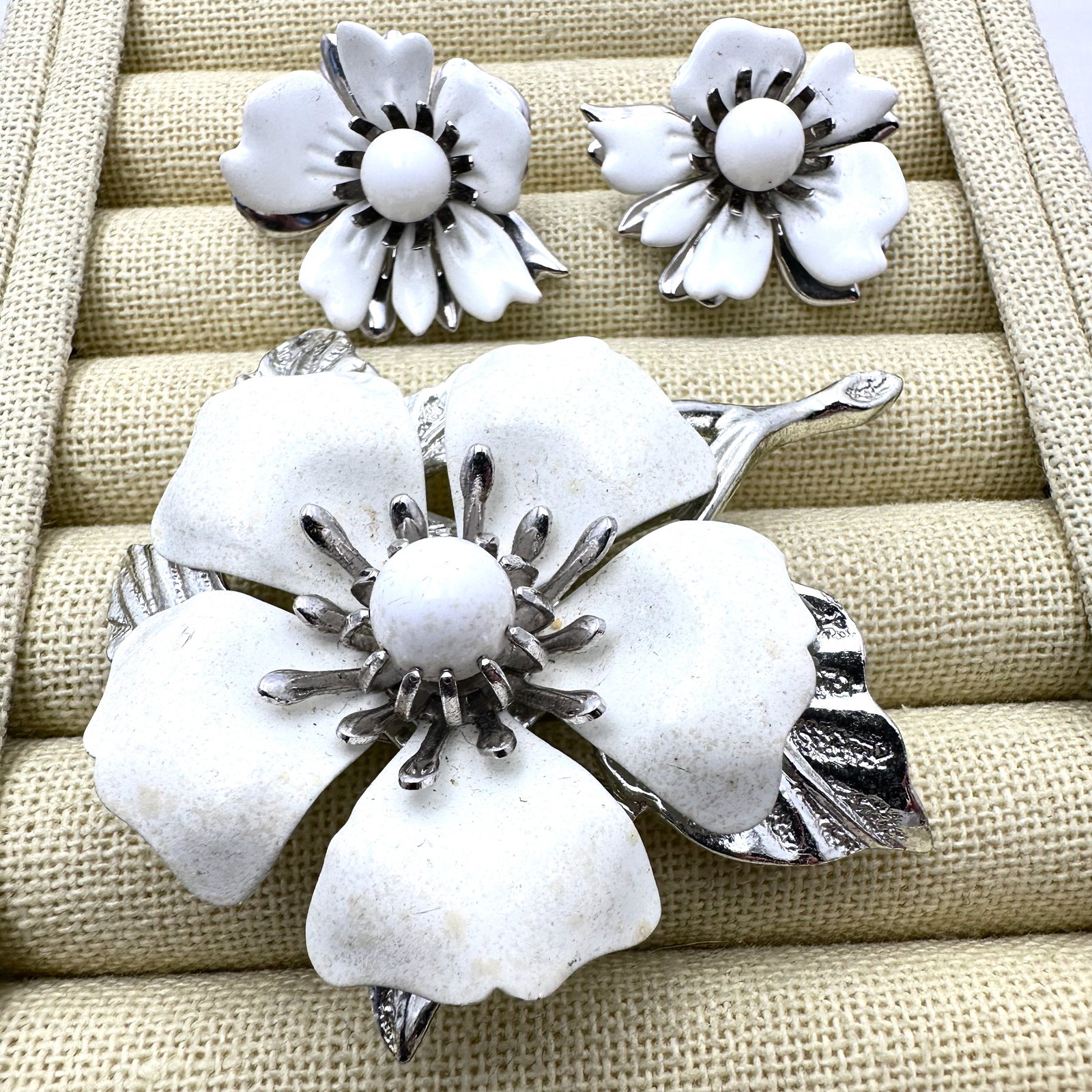 Vintage Sarah Coventry White Enamel Flower Brooch 2.5 Inch Pin and Clip Earrings Set (1 of 2)