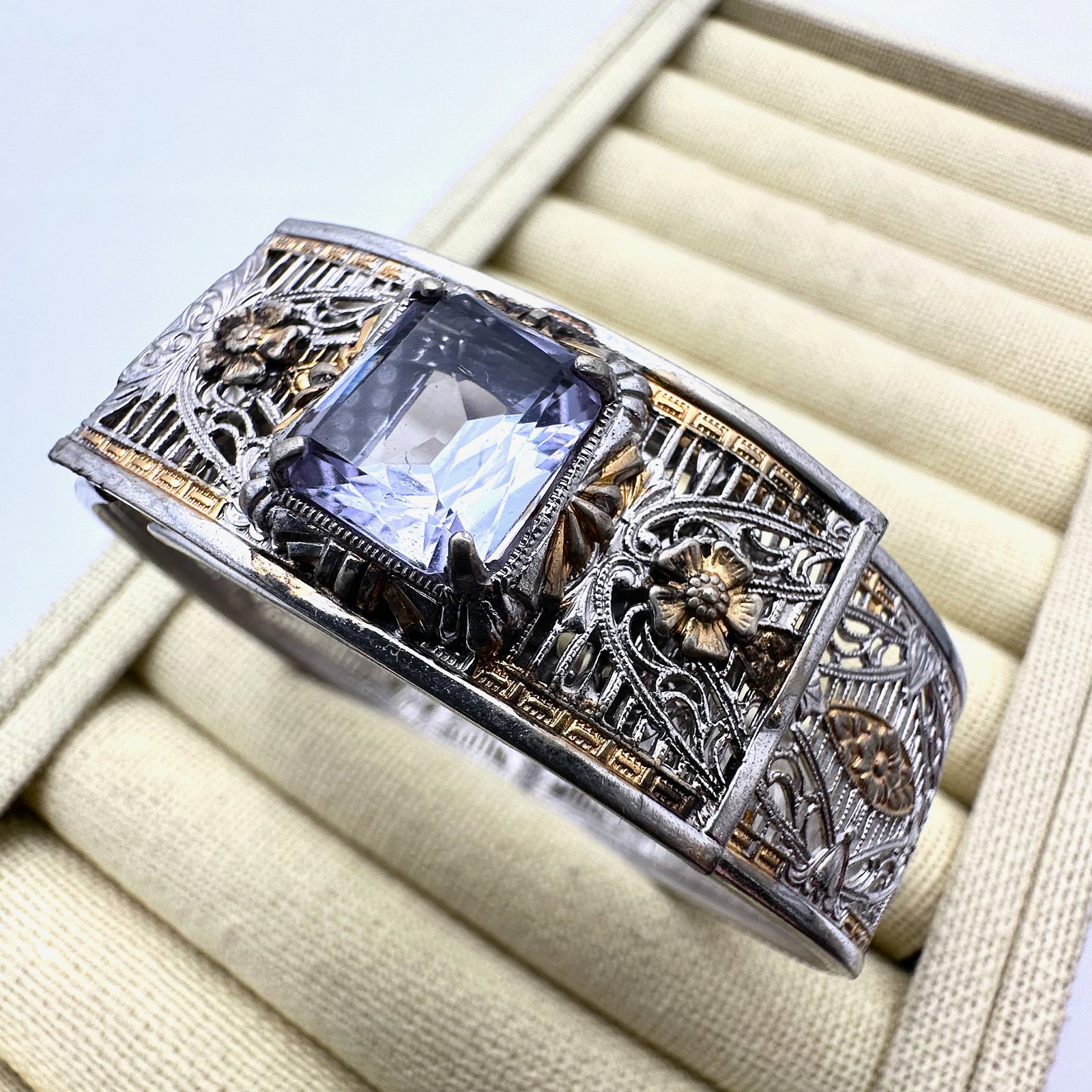 Antique Lavender Glass Stone Gold and Silver Tone Filigree Bracelet 7 Inch (1 of 2)