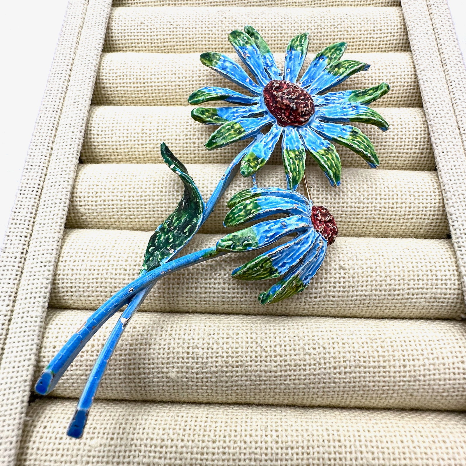 Vintage Mid Century Modern Blue Green Enamel Flower Brooch Pin 4 Inch (1 of 2)