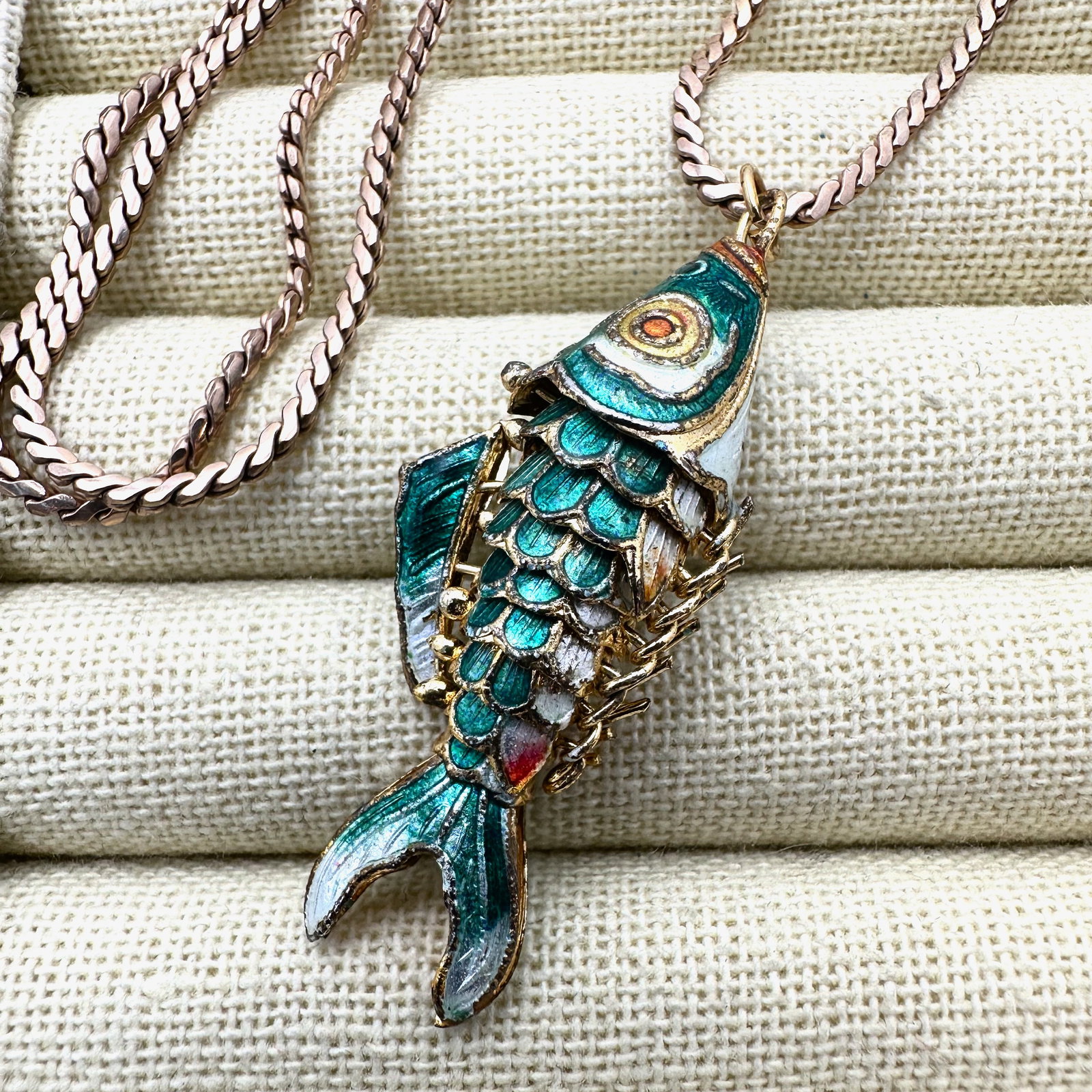 Vintage Chinese Export Enamel Articulated Fish Pendant Necklace Gold Filled Chain 18 Inch: Vintage Chinese Export Enamel Articulated Fish Pendant Necklace Gold Filled Chain 18 Inch