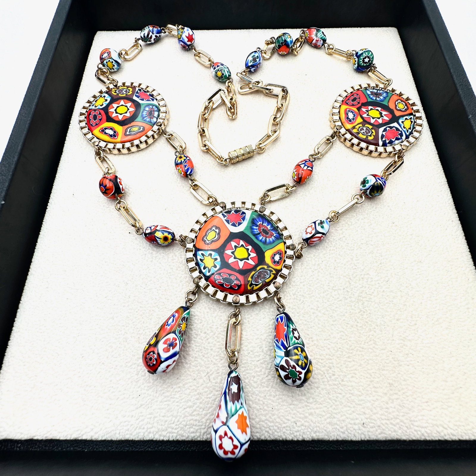 Vintage Italian Millefiori Glass Gold Tone Statement Necklace 22 Inch Wearable Length: Vintage Italian Millefiori Glass Gold Tone Statement Necklace 22 Inch Wearable Length