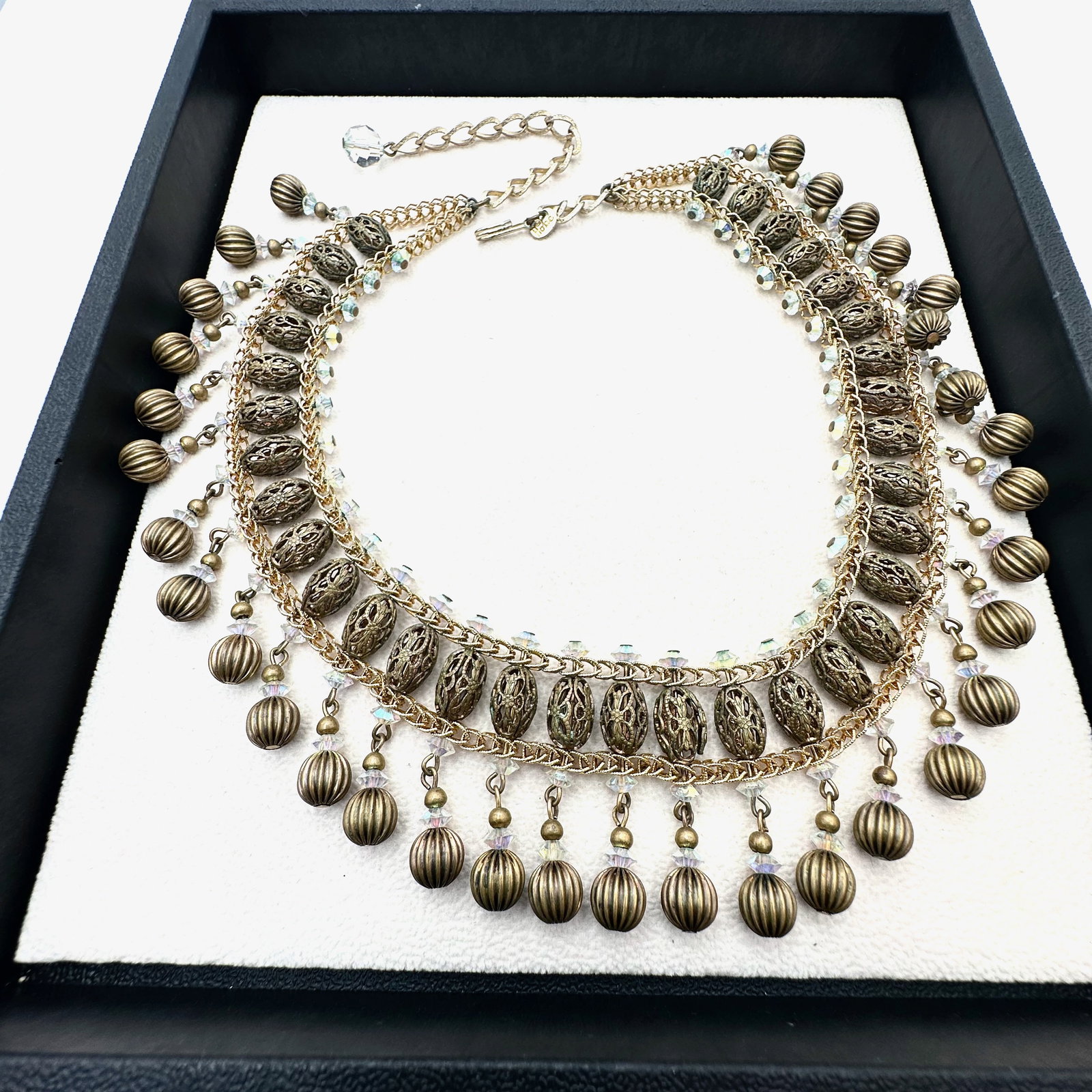 Vintage Hobe' Antiqued Gold Tone Crystal Festoon Necklace 16 Inch: Vintage Hobe' Antiqued Gold Tone Crystal Festoon Necklace 16 Inch