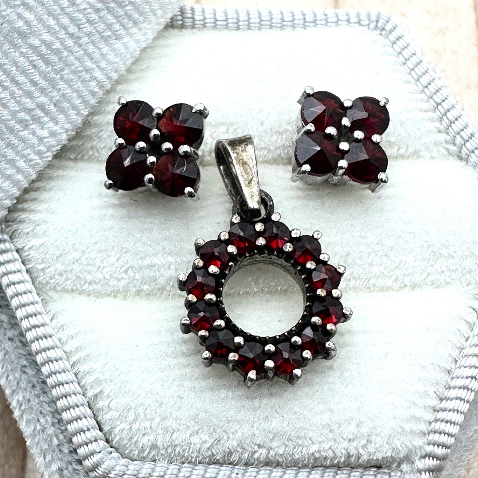 Garnet Sterling Silver Pierced Earrings and Pendant for Necklace Box Included: Garnet Sterling Silver Pierced Earrings and Pendant for Necklace Box Included