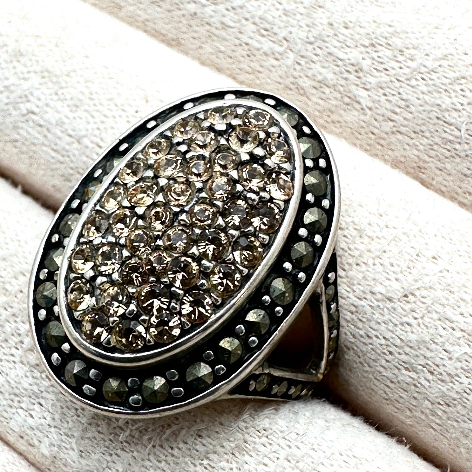 Champagne Cubic Zirconia and Marcasite Sterling Silver Ring Size 8: Champagne Cubic Zirconia and Marcasite Sterling Silver Ring Size 9