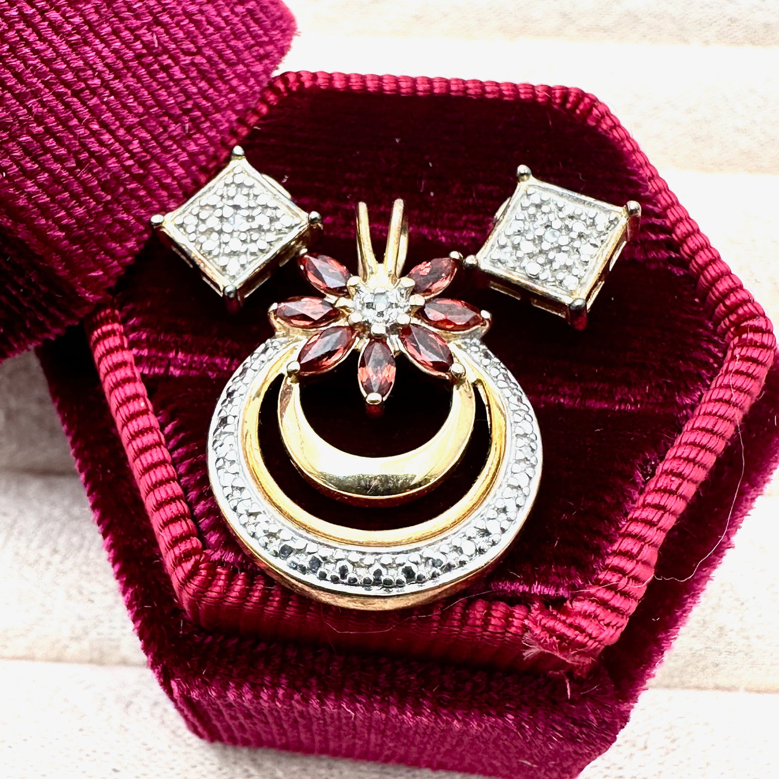 Garnet Diamond Accent Pierced Earrings and Pendant For Necklace Box Included: Garnet Diamond Accent Pierced Earrings and Pendant For Necklace Box Included