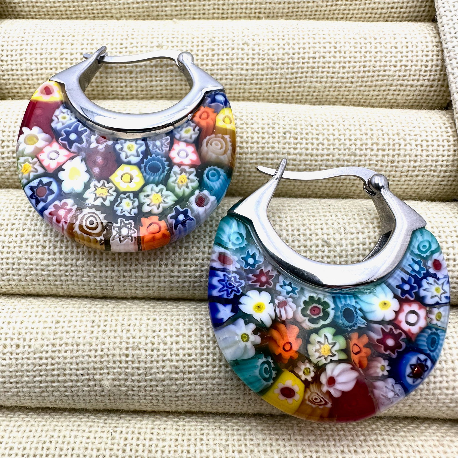 Italian Millefiori Glass Silver Tone 1.5 Inch Pierced Earrings: Italian Millefiori Glass Silver Tone 1.5 Inch Pierced Earrings