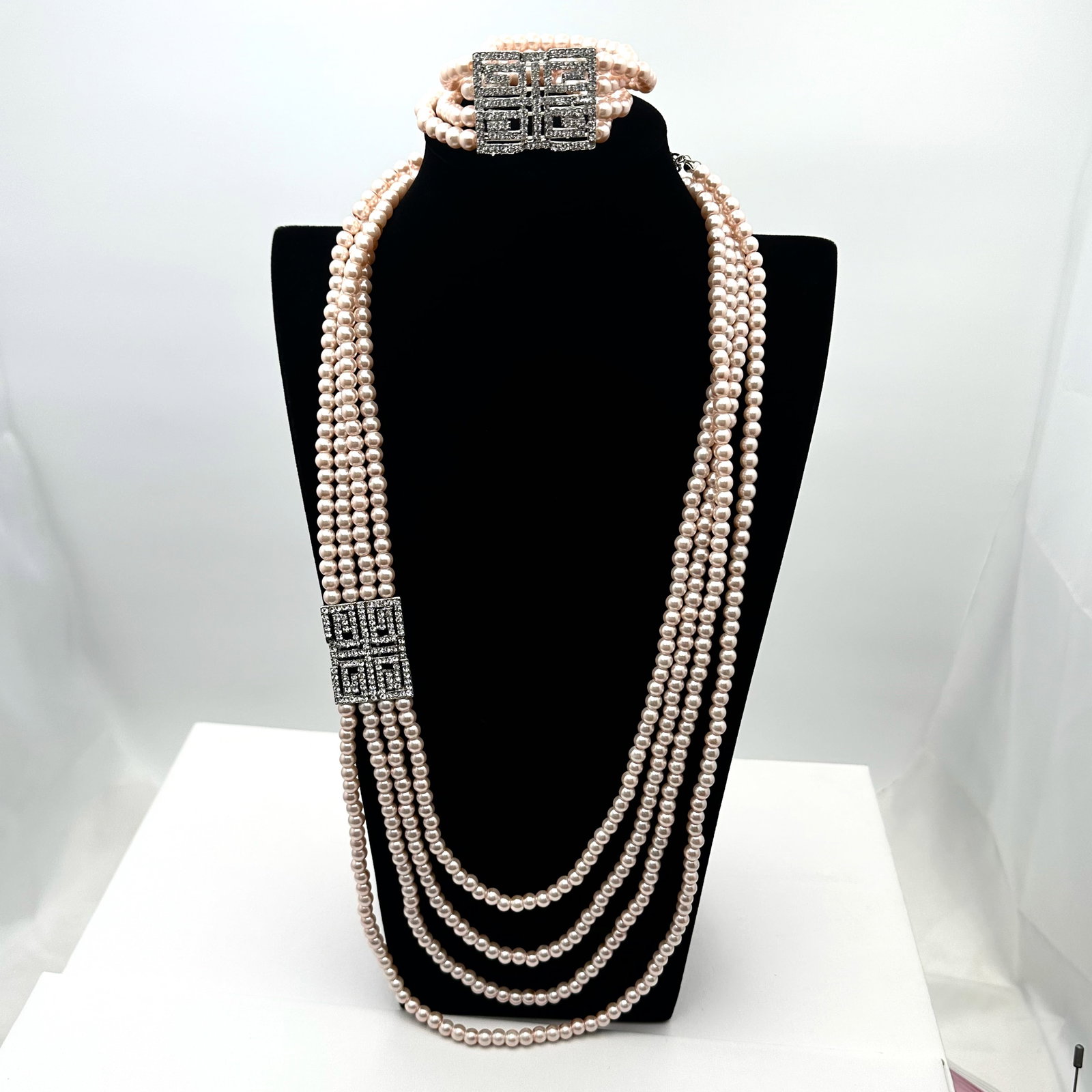 Pink Faux Glass Pearl Multi Strand Clear Crystal Necklace and Bracelet Set: Pink Faux Glass Pearl Multi Strand Clear Crystal Necklace and Bracelet Set