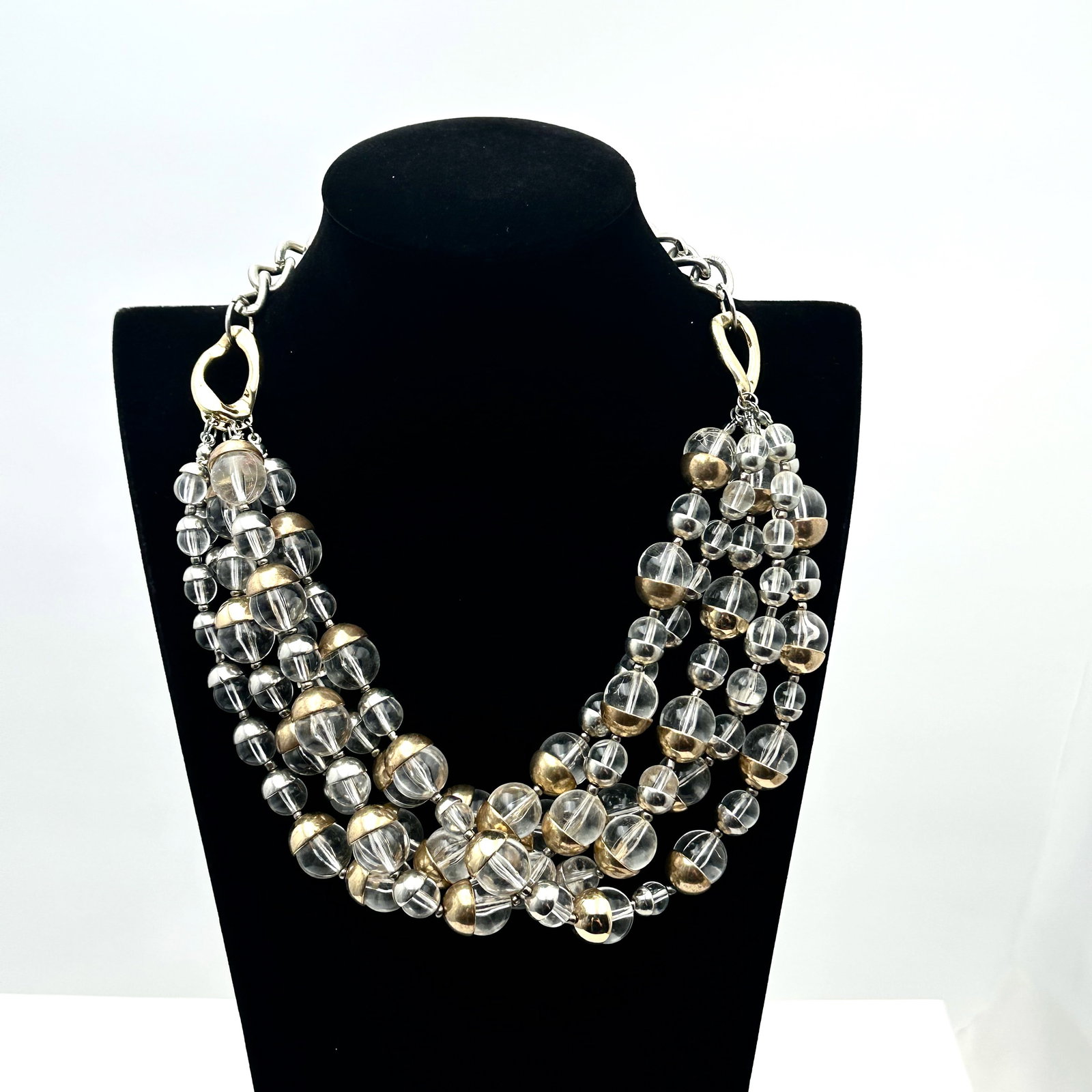 Multi Strand Clear Lucite Bead Gold Tone Statement Necklace: Multi Strand Clear Lucite Bead Gold Tone Statement Necklace