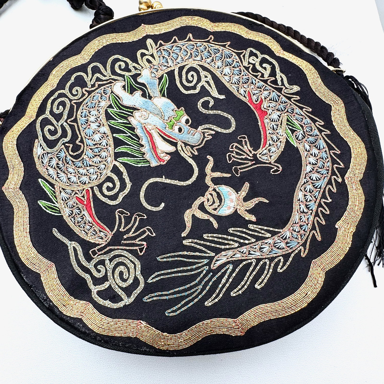 Vintage Asian Dragon Embroidered Silk Gold Tone Purse With Tassels (1 of 2)