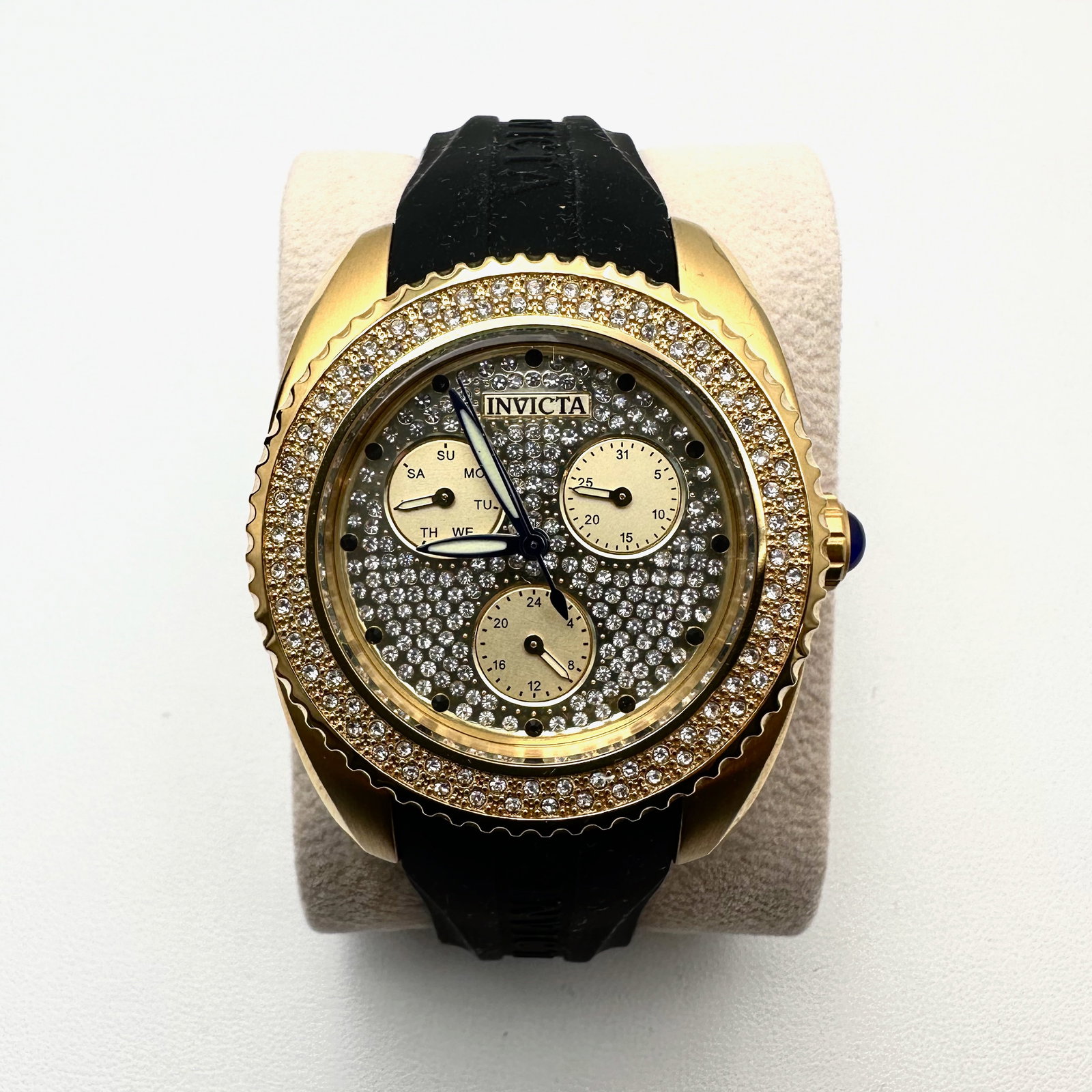 High End Ladies Invicta Angel Watch Crystal Face and Dial Yellow Gold Black Band Appears Unworn Will: High End Ladies Invicta Angel Watch Crystal Face and Dial Yellow Gold Black Band Appears Unworn Will Need Battery