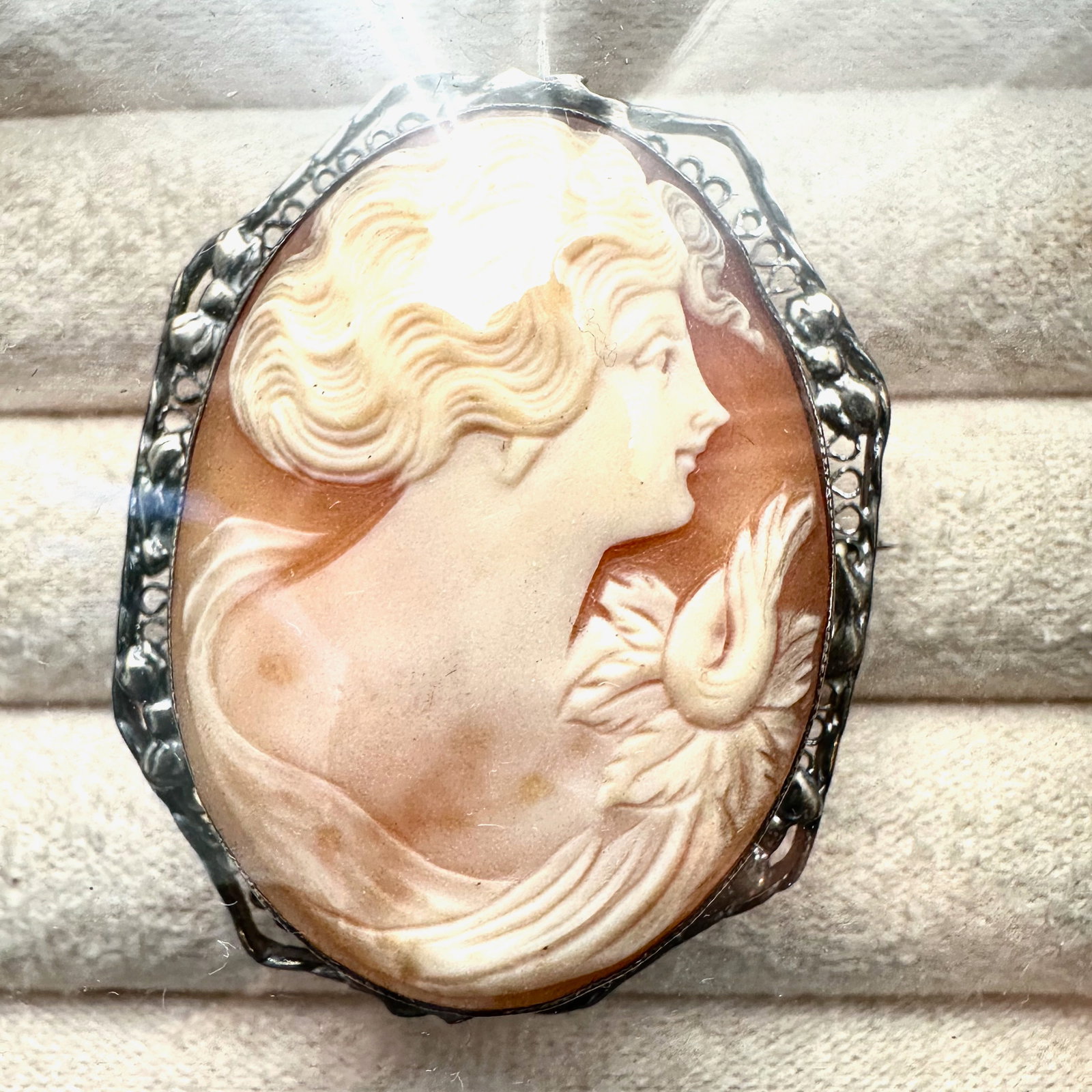 Antique Carved Shell Cameo Sterling Silver Brooch Pin 1.75 Inch Box Included (1 of 2)