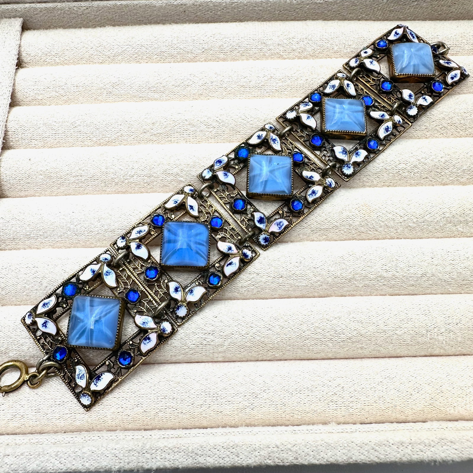 Stunning Antique Art Deco Czech Glass and Enamel Gold Gilt Bracelet 6.5 Inch Excellent Condition for: Stunning Antique Art Deco Czech Glass and Enamel Gold Gilt Bracelet 6.5 Inch Excellent Condition for Age