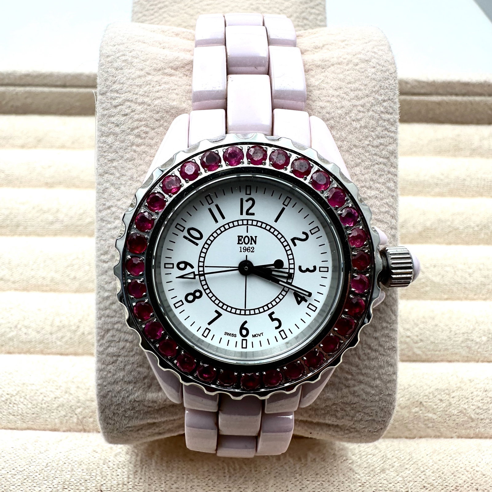 Eon 1962 Brand Red Ruby Watch Pink Ceramic Band 6.5 Inch Nice Quality Made Will Need Battery (1 of 2)