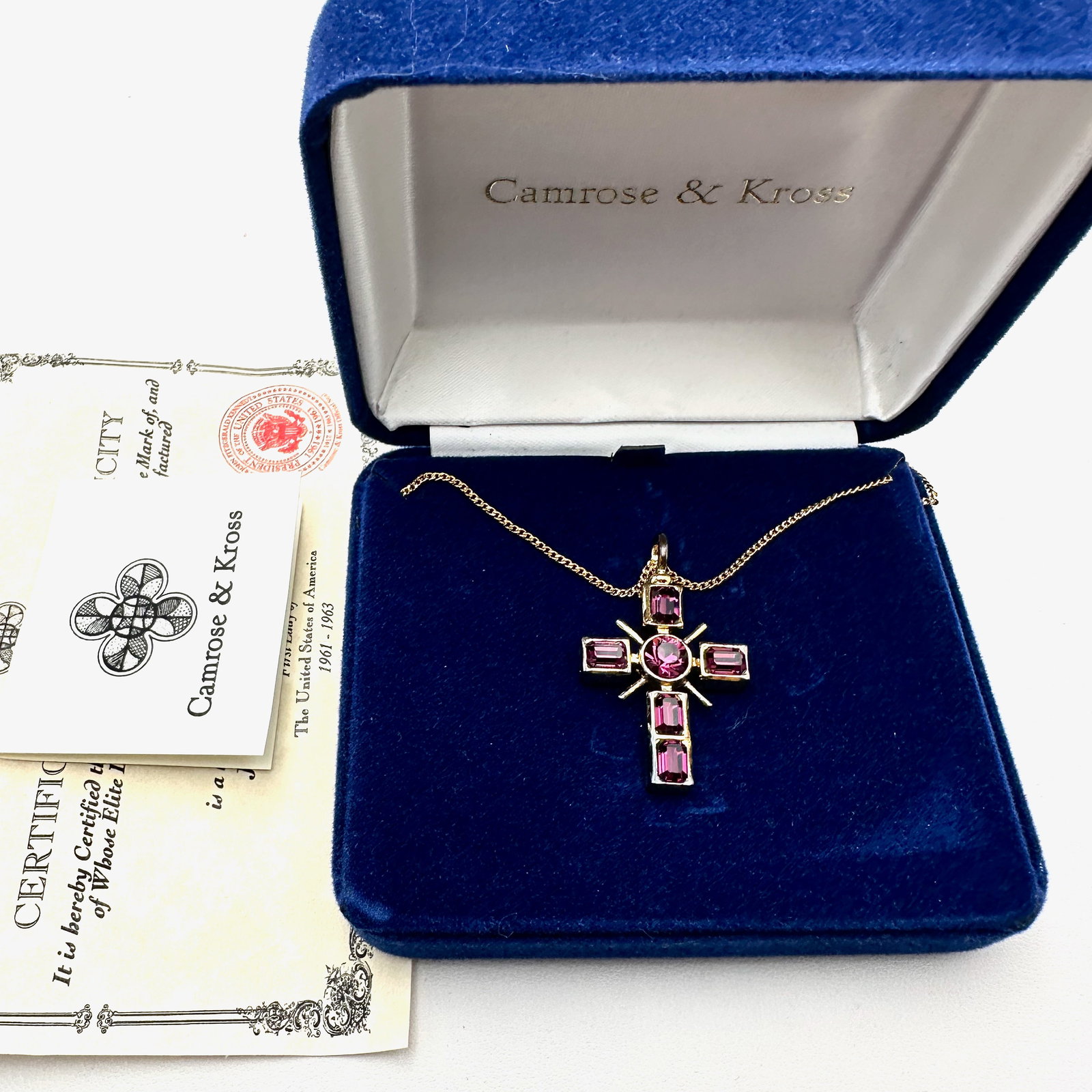 Vintage Camrose & Kross Jackie Kennedy Replica Cross Pendant Gold Necklace Box and Paperwork: Vintage Camrose & Kross Jackie Kennedy Replica Cross Pendant Gold Necklace Box and Paperwork Included