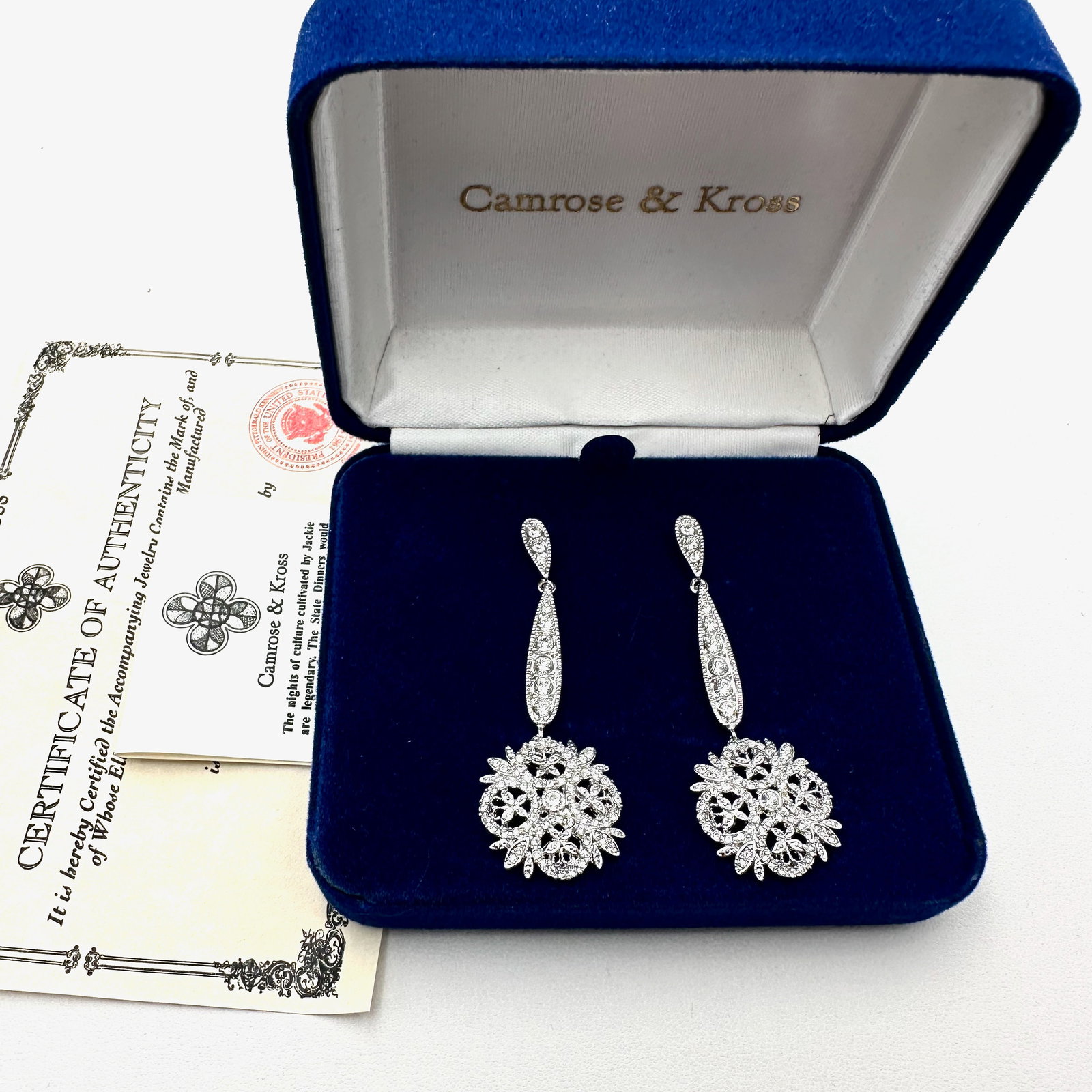 Vintage Camrose & Kross Jackie Kennedy Replica Simulated Diamond Rhodium Plated Pierced Earrings Box (1 of 2)