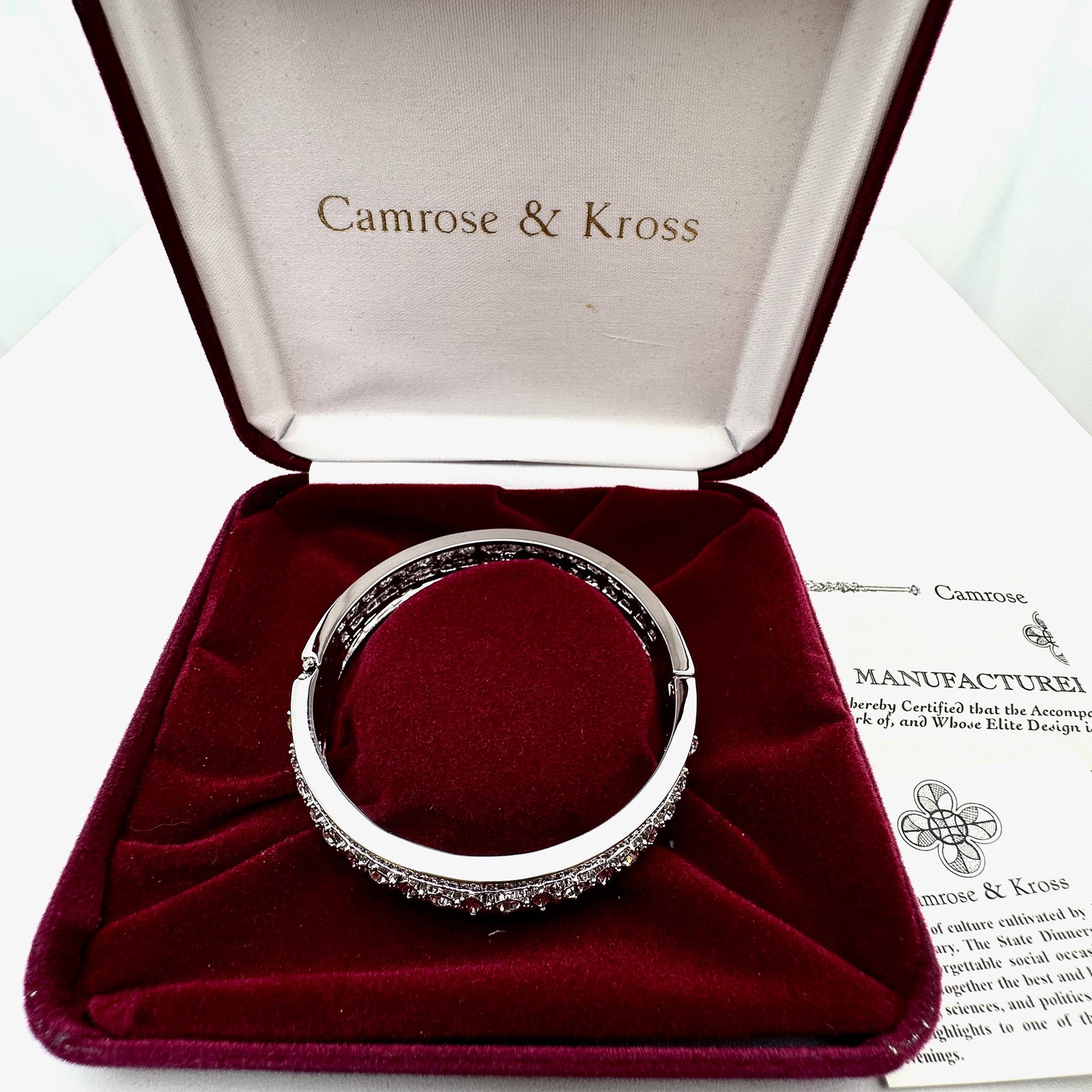 Vintage Camrose & Kross Jackie Kennedy Replica Simulated Gemstone Rhodium Plated Bracelet Box and: Vintage Camrose & Kross Jackie Kennedy Replica Simulated Gemstone Rhodium Plated Bracelet Box and Paperwork Included
