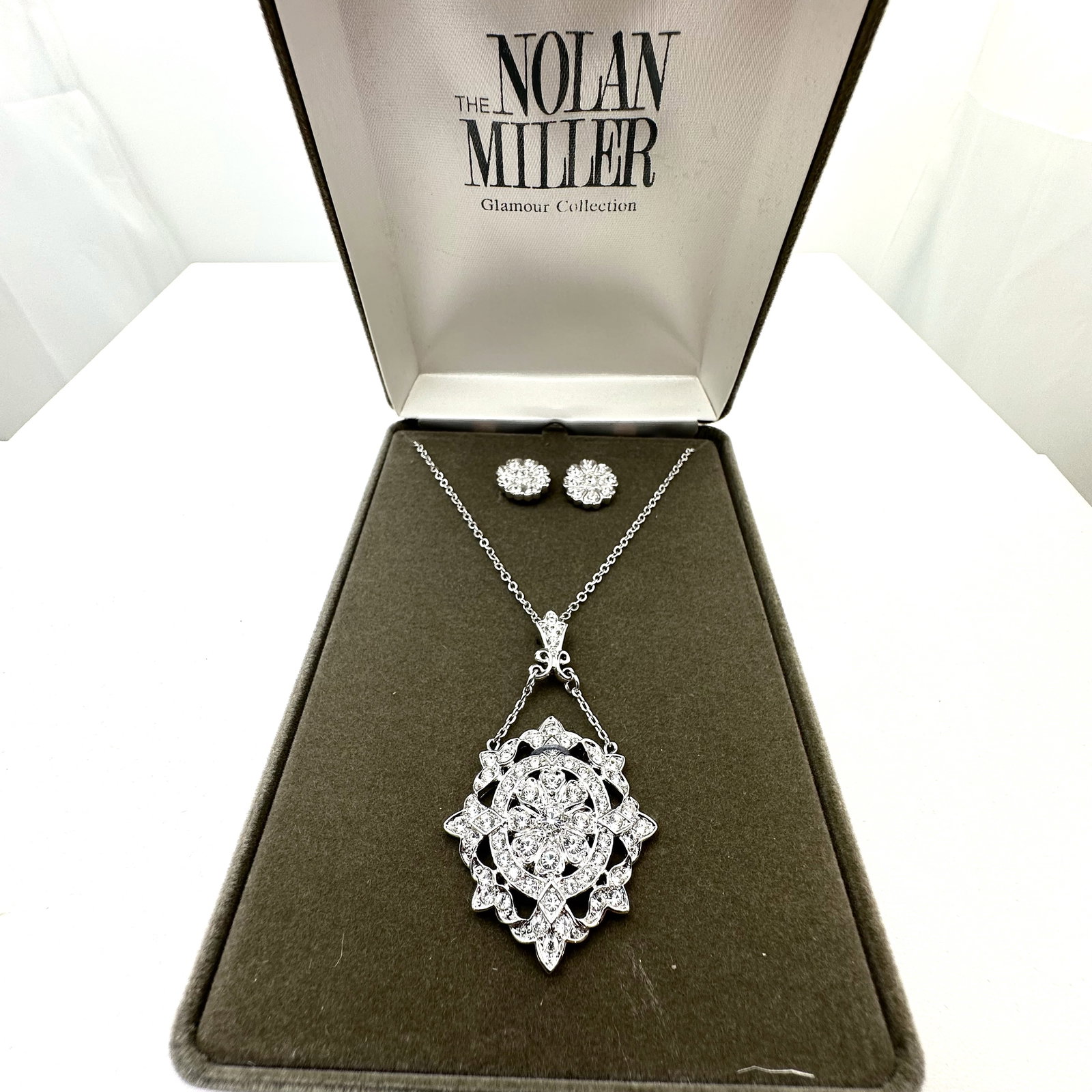 Vintage Nolan Miller Crystal Silver Necklace and Pierced Earrings Set Box Included: Vintage Nolan Miller Crystal Silver Necklace and Pierced Earrings Set Box Included
