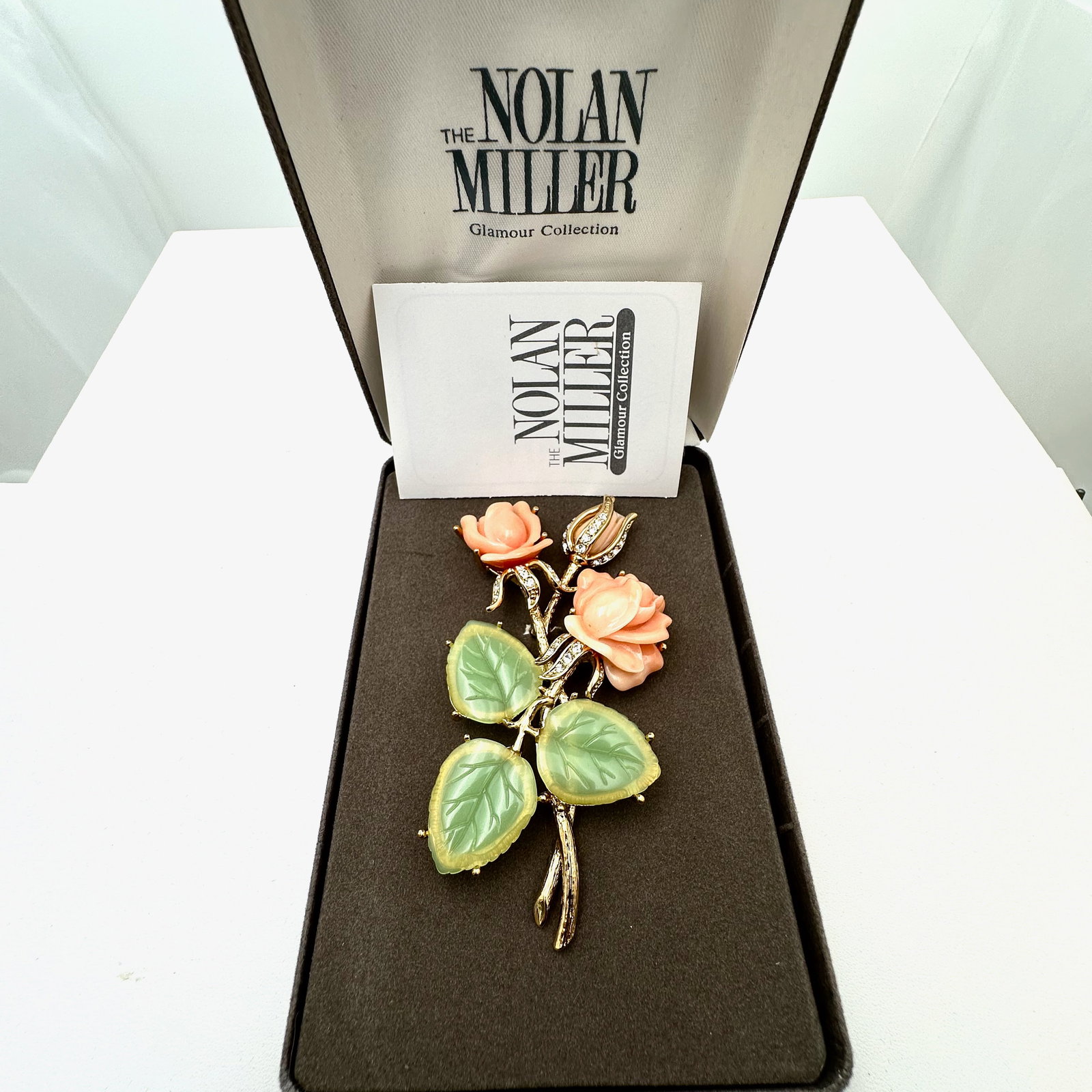 Vintage Nolan Miller Faux Coral Jade Rose Large Brooch Pin Original Box and Paperwork Included: Vintage Nolan Miller Faux Coral Jade Rose Large Brooch Pin Original Box and Paperwork Included
