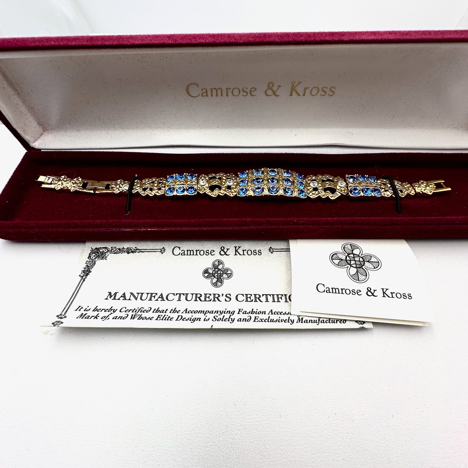 Vintage Camrose & Kross Jackie Kennedy Replica Blue & Clear Stone Gold Bracelet Box and Paperwork: Vintage Camrose & Kross Jackie Kennedy Replica Blue & Clear Stone Gold Bracelet Box and Paperwork Included