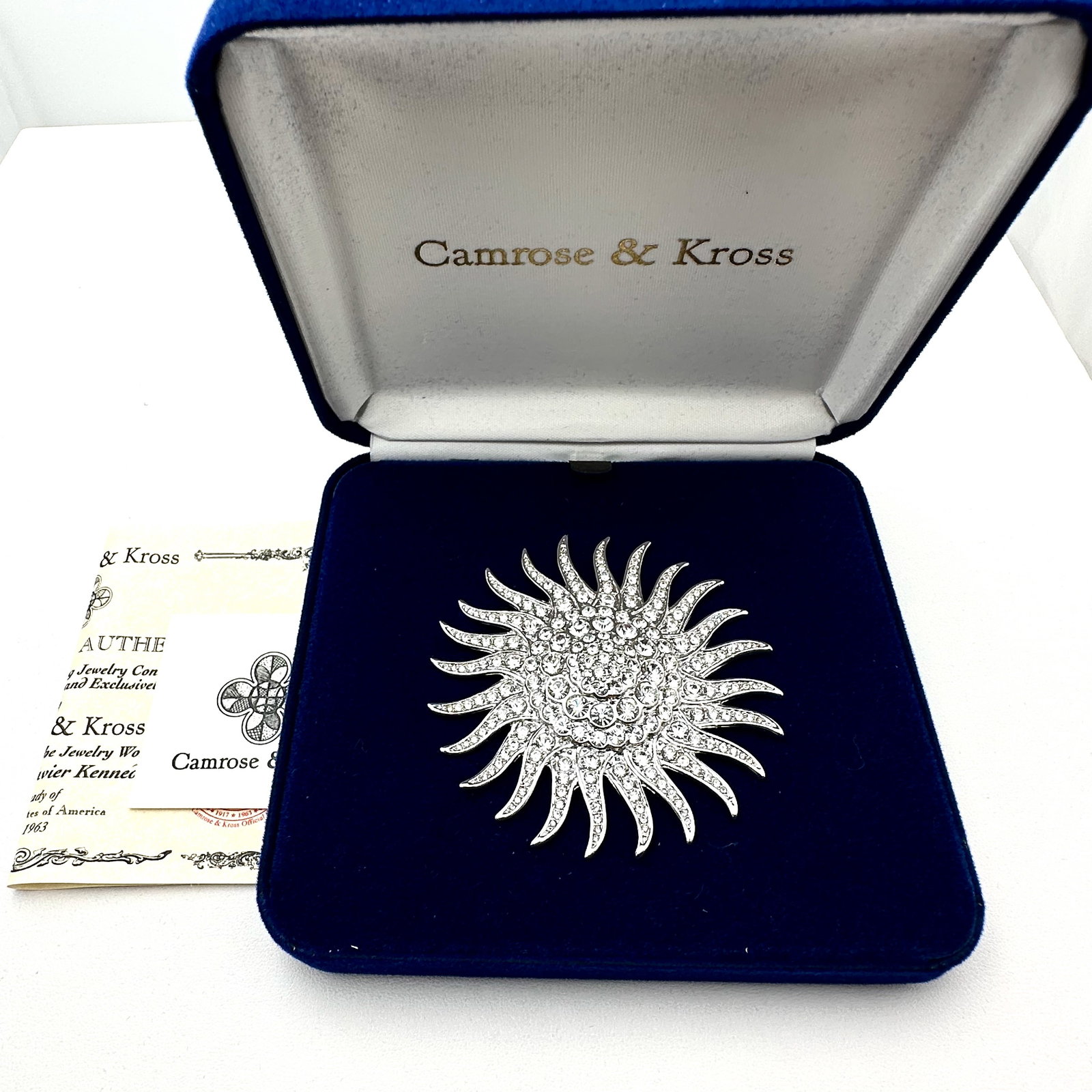 Vintage Camrose & Kross Jackie Kennedy Replica Simulated Gemstone Brooch Pin Box and Paperwork: Vintage Camrose & Kross Jackie Kennedy Replica Simulated Gemstone Brooch Pin Box and Paperwork Included