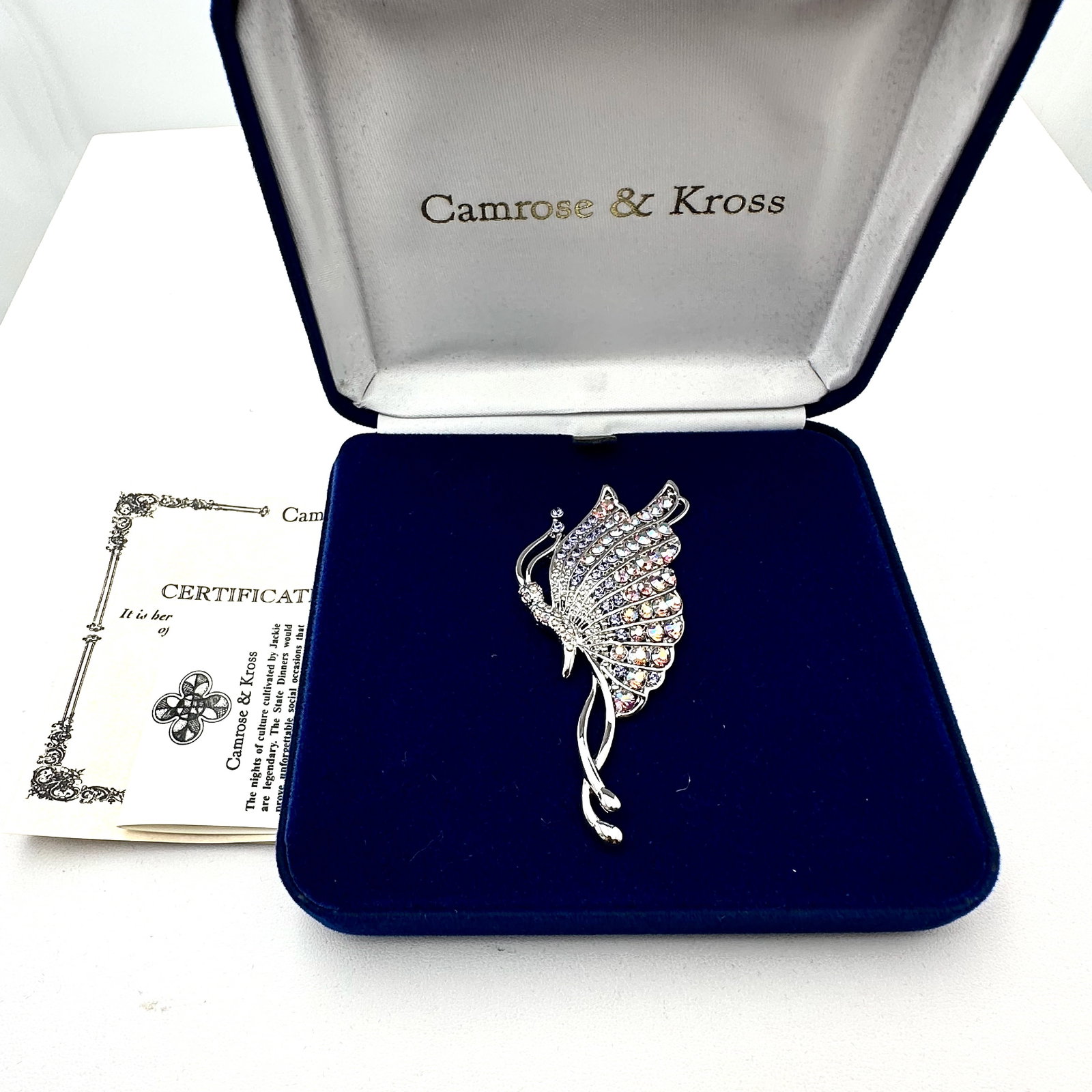 Vintage Camrose & Kross Jackie Kennedy Replica Simulated Gemstone Butterfly Brooch Pin Box and: Vintage Camrose & Kross Jackie Kennedy Replica Simulated Gemstone Butterfly Brooch Pin Box and Paperwork Included