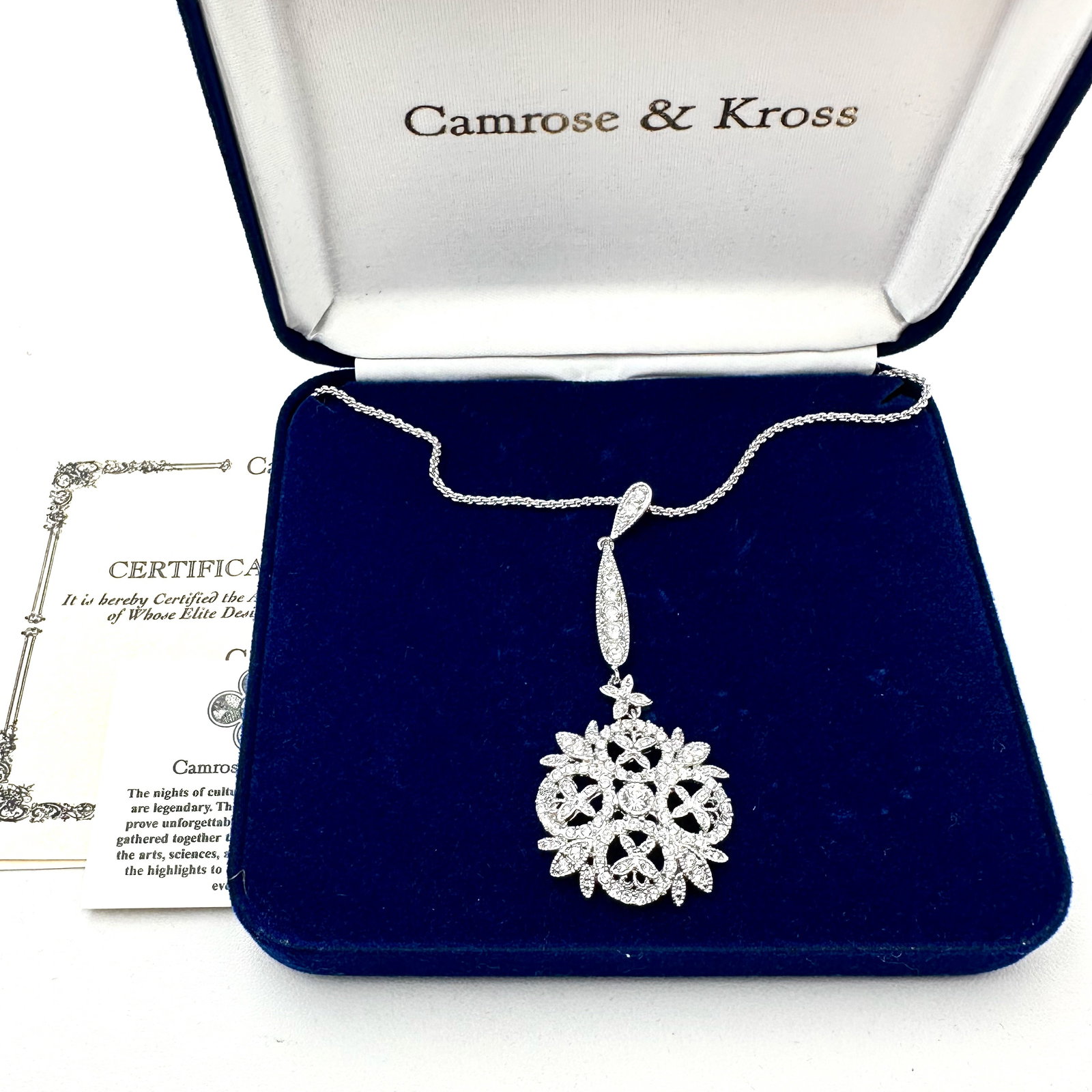 Vintage Camrose & Kross Jackie Kennedy Replica Clear Crystal Rhodium Plated Necklace Box and: Vintage Camrose & Kross Jackie Kennedy Replica Clear Crystal Rhodium Plated Necklace Box and Paperwork Included