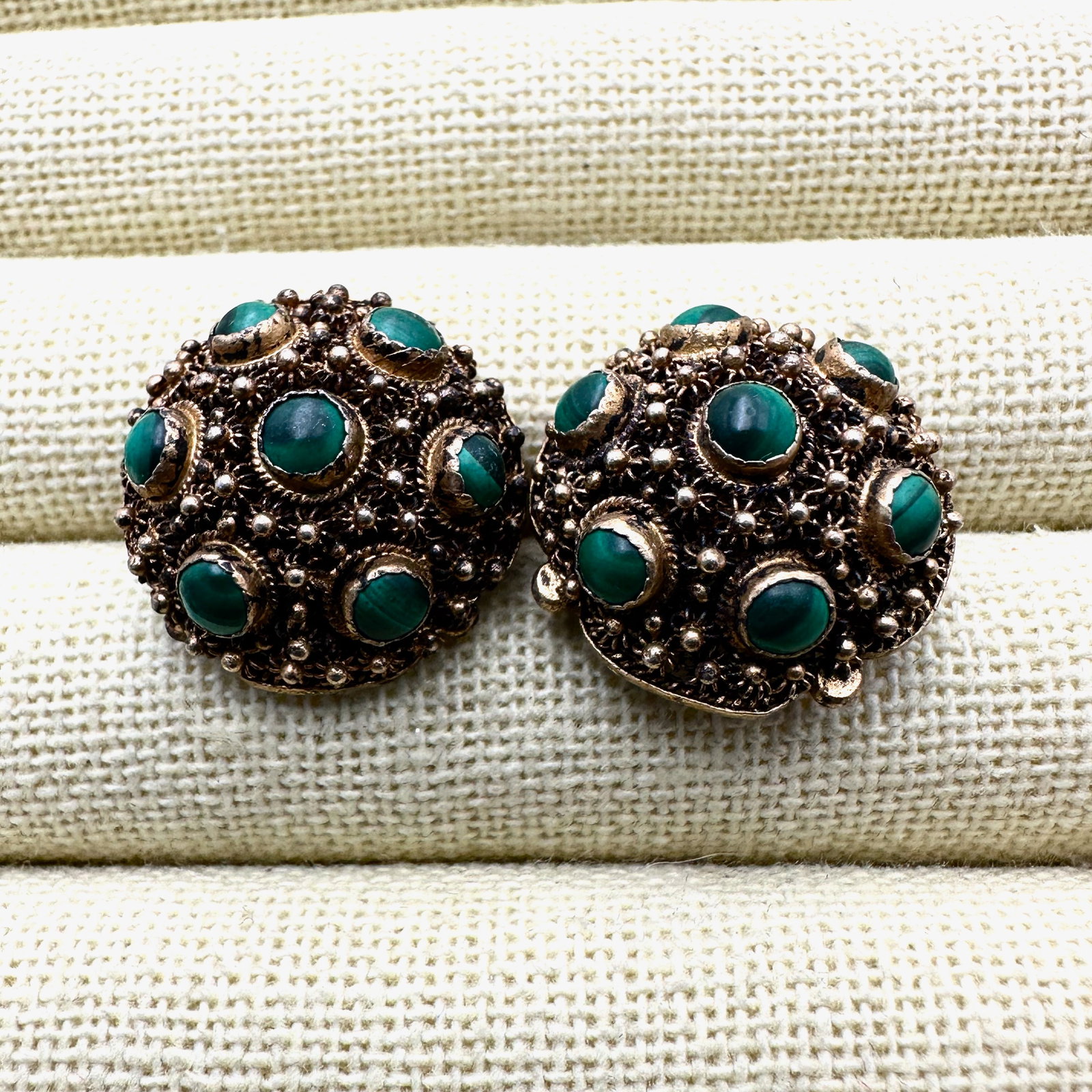 Vintage Chinese Export Green Gemstone Gold Gilt Sterling Silver Clip Earrings (1 of 2)