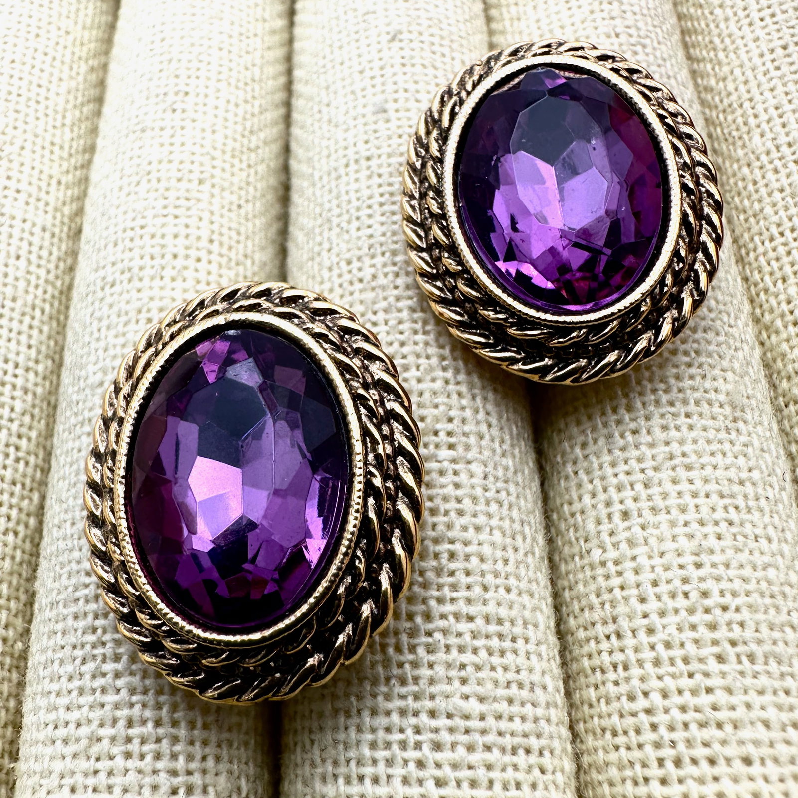 Vintage 1928 Brand Purple Glass Stone Gold Tone Clip Earrings: Vintage 1928 Brand Purple Glass Stone Gold Tone Clip Earrings
