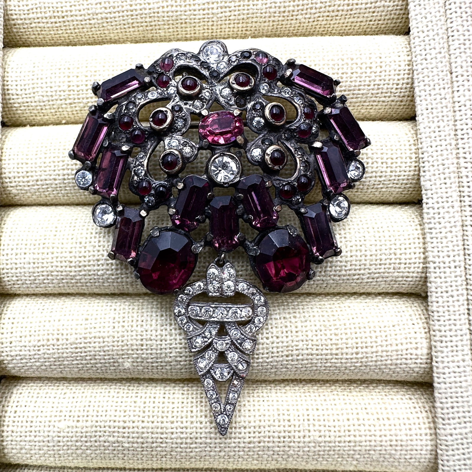Antique Purple and Clear Glass Rhinestone Silver Pot Metal Brooch Pin 3 Inch: Antique Purple and Clear Glass Rhinestone Silver Pot Metal Brooch Pin 3 Inch