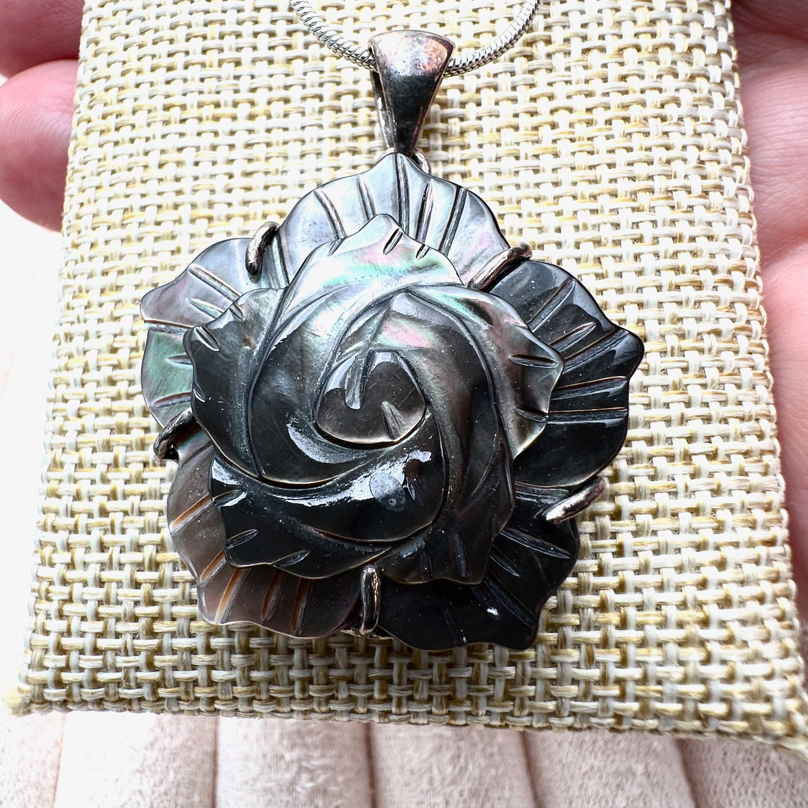 Carved Mother of Pearl Flower Pendant Sterling Silver Necklace 24 Inch: Carved Mother of Pearl Flower Pendant Sterling Silver Necklace 24 Inch