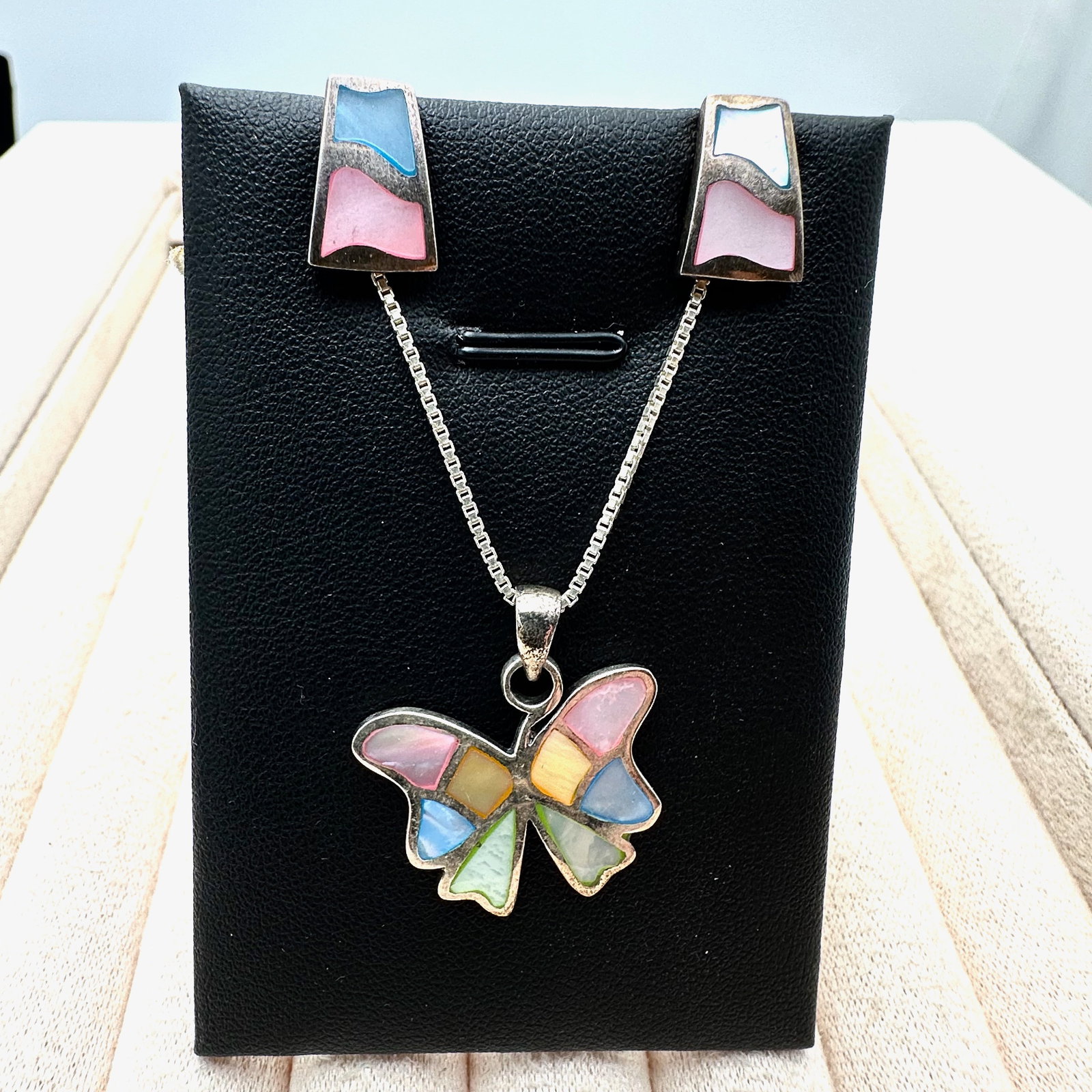 Pastel Mother of Pearl Butterfly Pendant Necklace 18 Inch Chain and Pierced Earrings Set: Pastel Mother of Pearl Butterfly Pendant Necklace 18 Inch Chain and Pierced Earrings Set