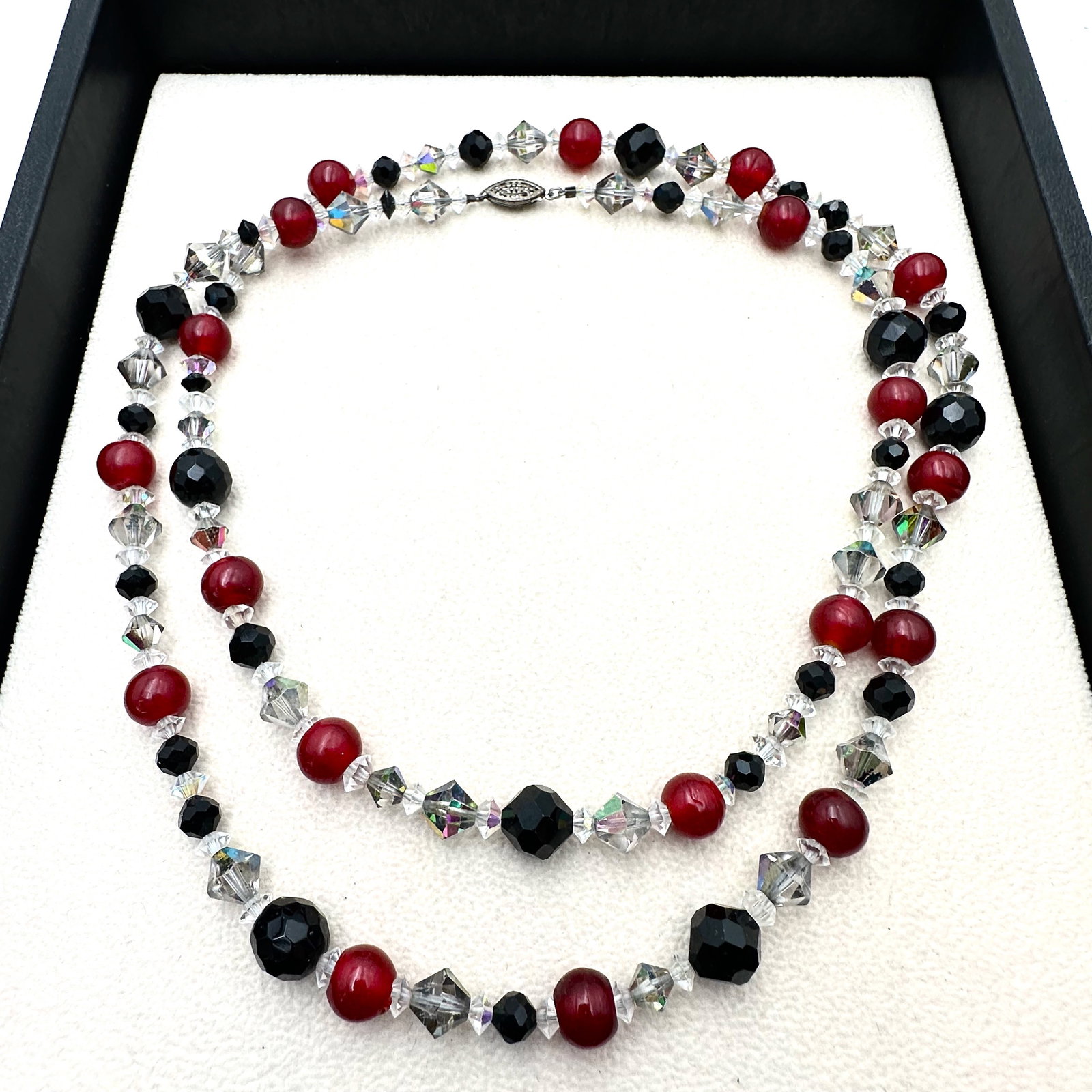 Antique Vintage Red Black and Clear Glass Necklace 28 Inch (1 of 2)