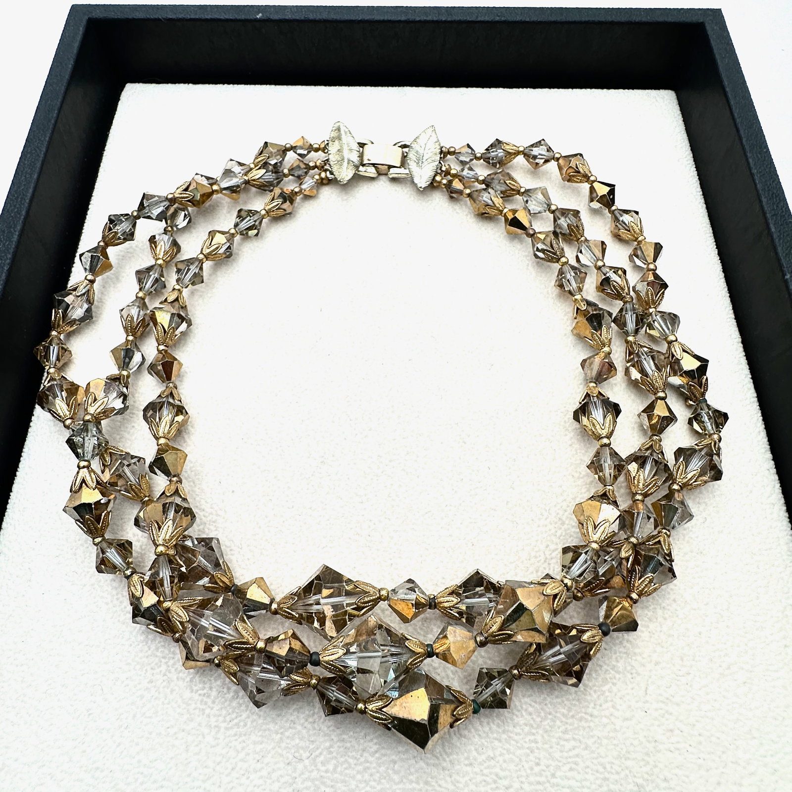 Vintage Champagne Colored Crystal Triple Strand Gold Tone Choker Necklace 16 Inch: Vintage Champagne Colored Crystal Triple Strand Gold Tone Choker Necklace 16 Inch