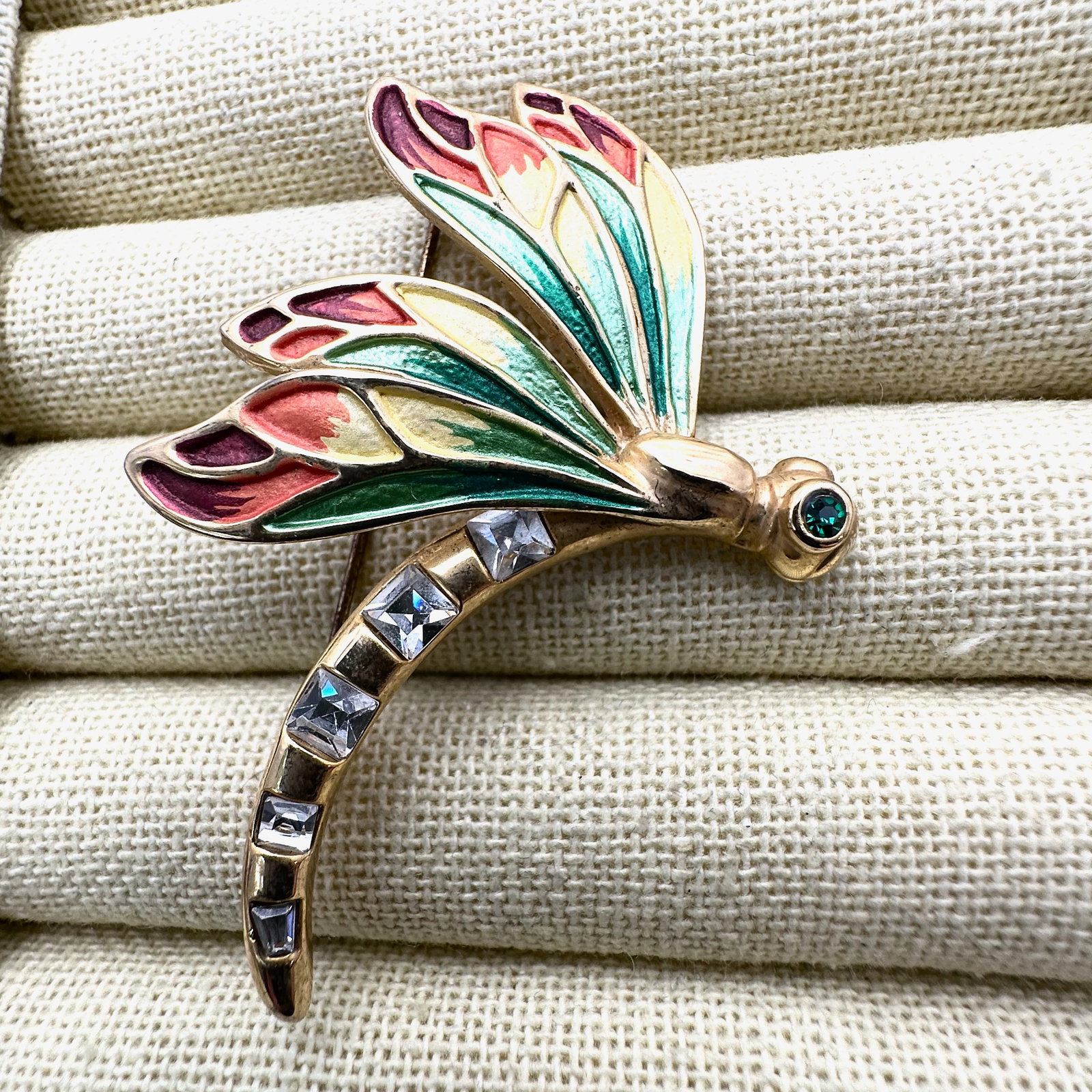 Vintage Enamel and Rhinestone Gold Tone Dragonfly Brooch Pin 2.5 Inch: Vintage Enamel and Rhinestone Gold Tone Dragonfly Brooch Pin 2.5 Inch
