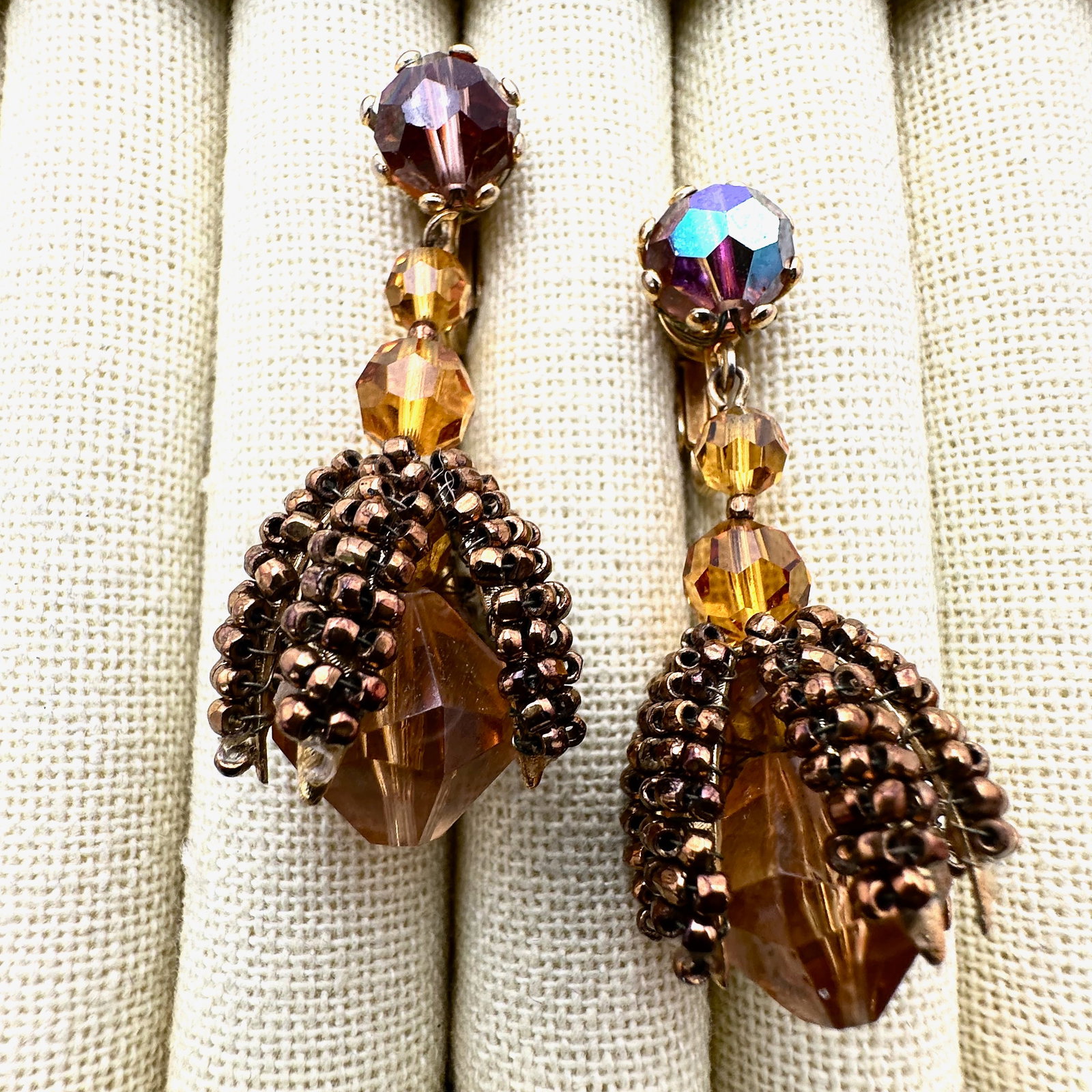 Vintage Unsigned Haskell Wired Bead and Crystal Gold Tone Chandelier Clip Earrings (1 of 2)