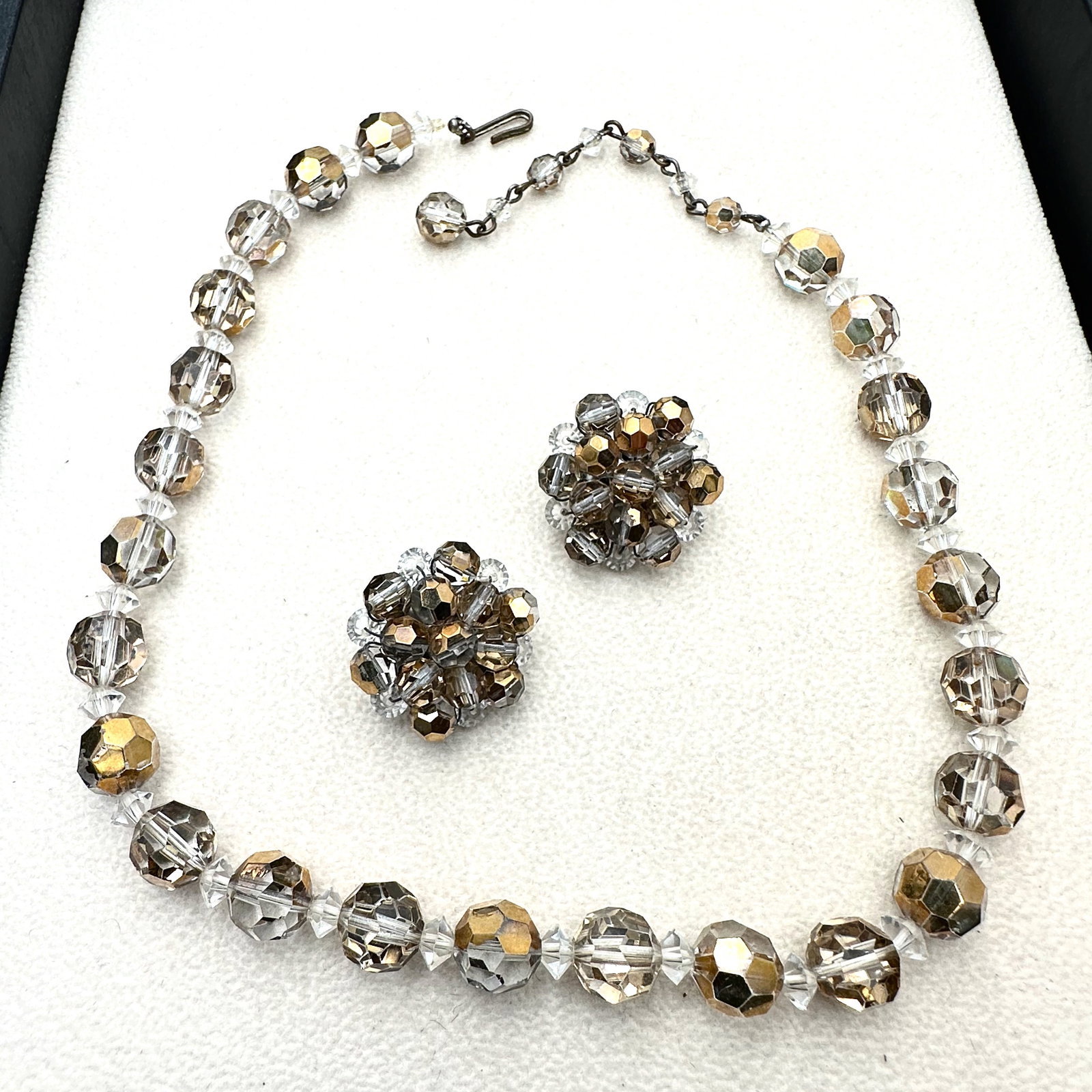 Vintage Champagne and Clear Crystal 16 Inch Necklace and Clip Earrings Set (1 of 2)