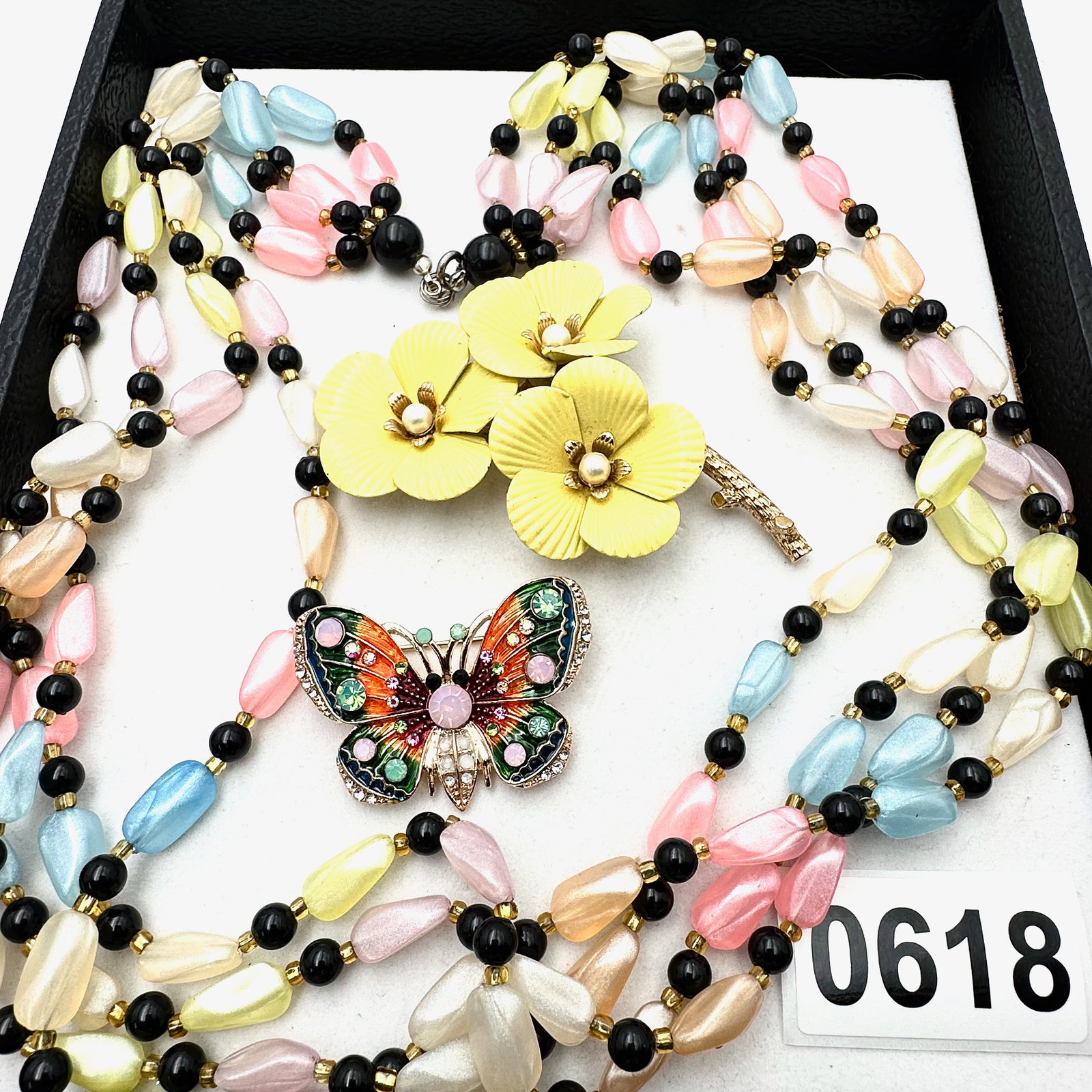 Vintage and Modern Jewelry Group Lot Pastel Early Plastic Necklace Enamel Flower Brooch and: Vintage and Modern Jewelry Group Lot Pastel Early Plastic Necklace Enamel Flower Brooch and Butterfly