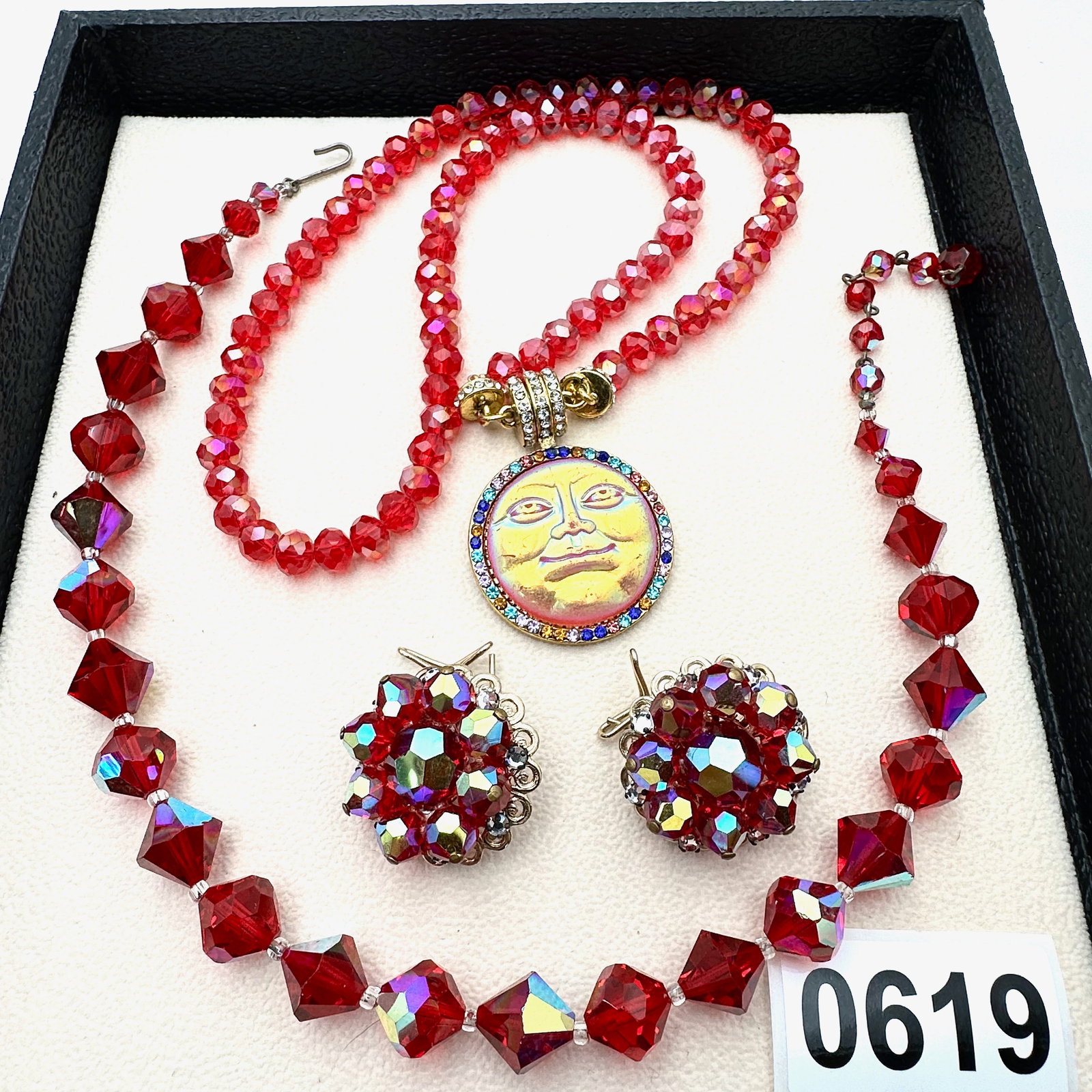 Vintage and Modern Jewelry Group Lot Red Crystal Necklace and Earrings Moon Pendant Necklace: Vintage and Modern Jewelry Group Lot Red Crystal Necklace and Earrings Moon Pendant Necklace
