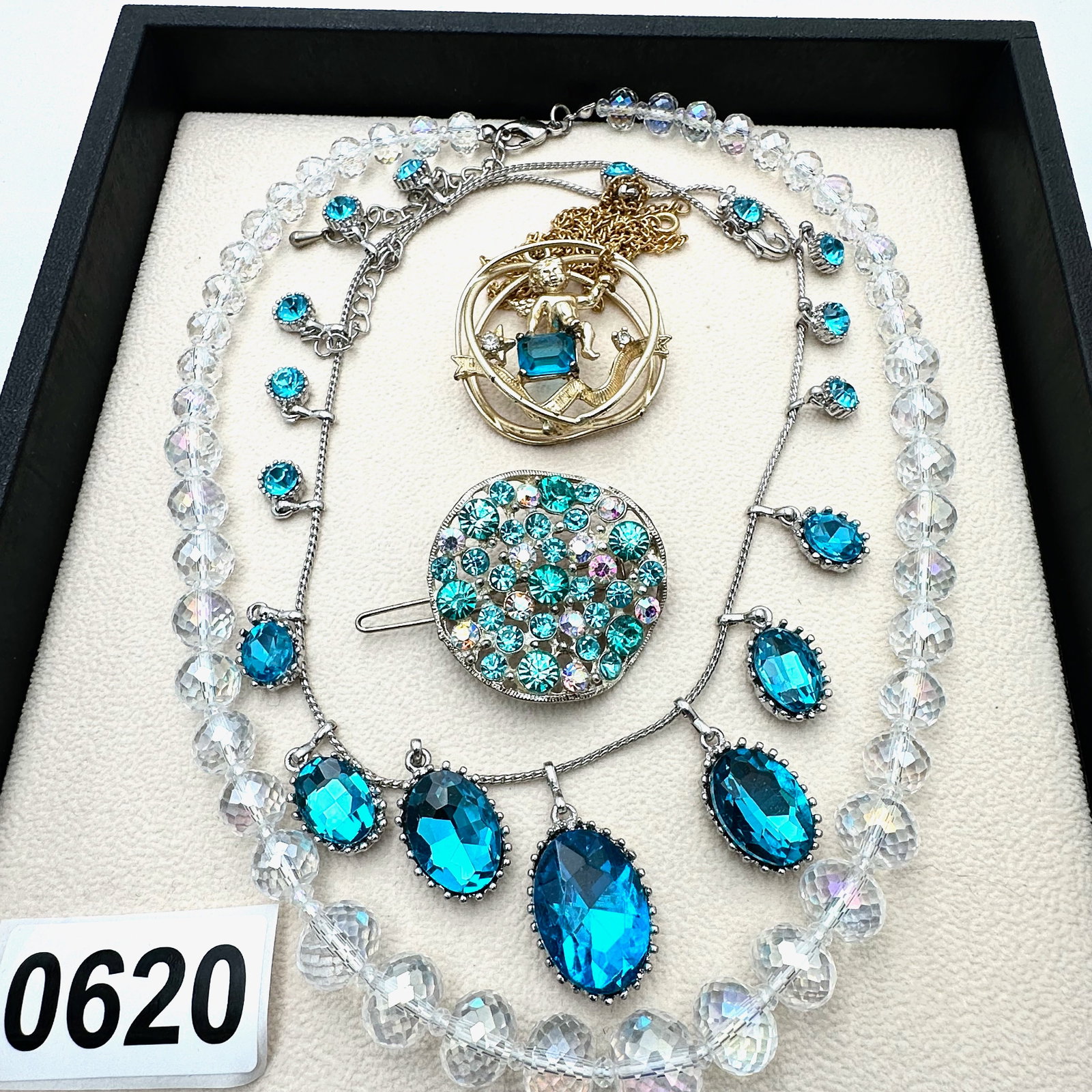 Vintage and Modern Jewelry Group Lot Clear Crystal Necklace Blue Crystal Necklace Barrette and Angel: Vintage and Modern Jewelry Group Lot Clear Crystal Necklace Blue Crystal Necklace Barrette and Angel Necklace