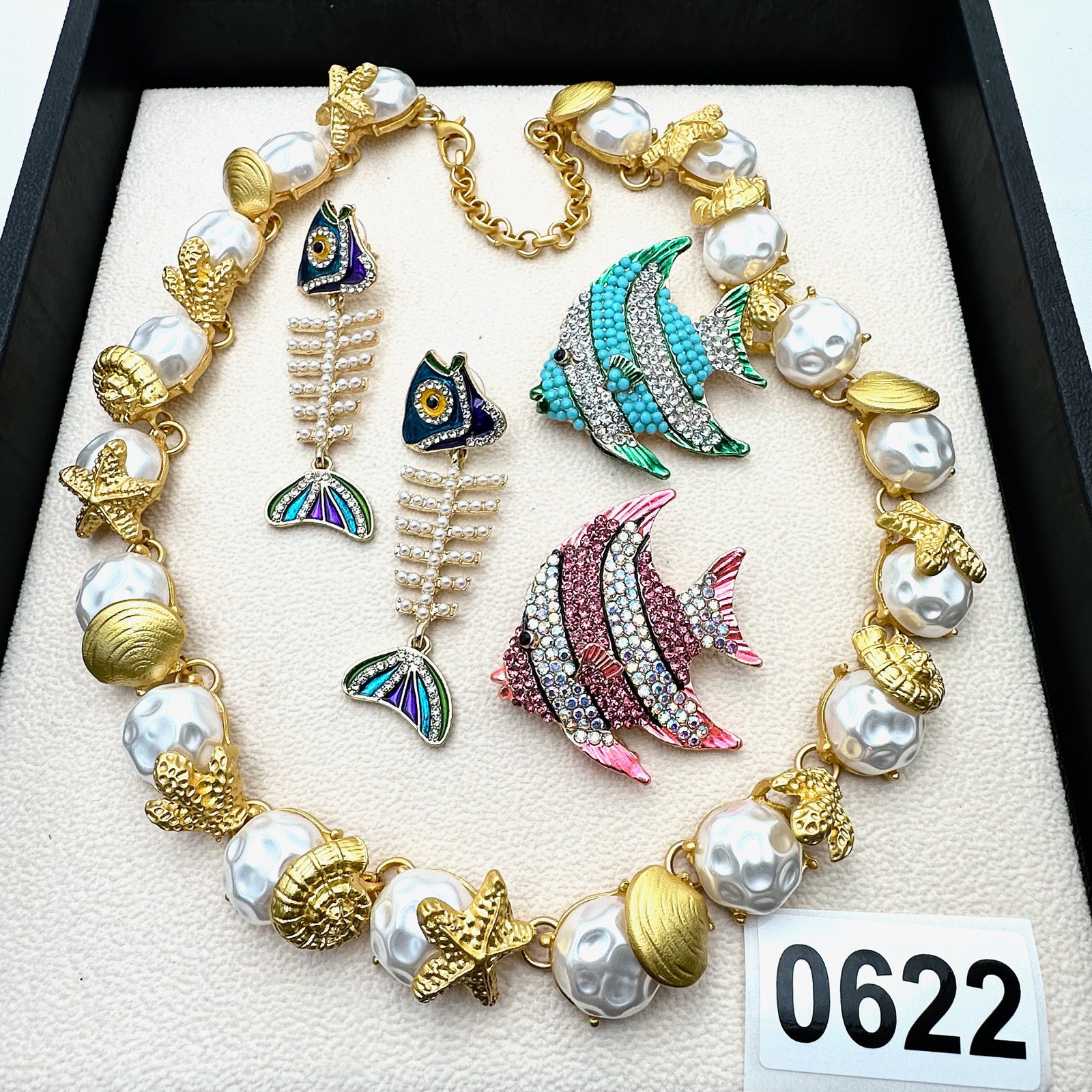Vintage and Modern Jewelry Group Lot Crystal Fish Brooches Enamel Fish Pierced Earrings Sea Shell (1 of 2)