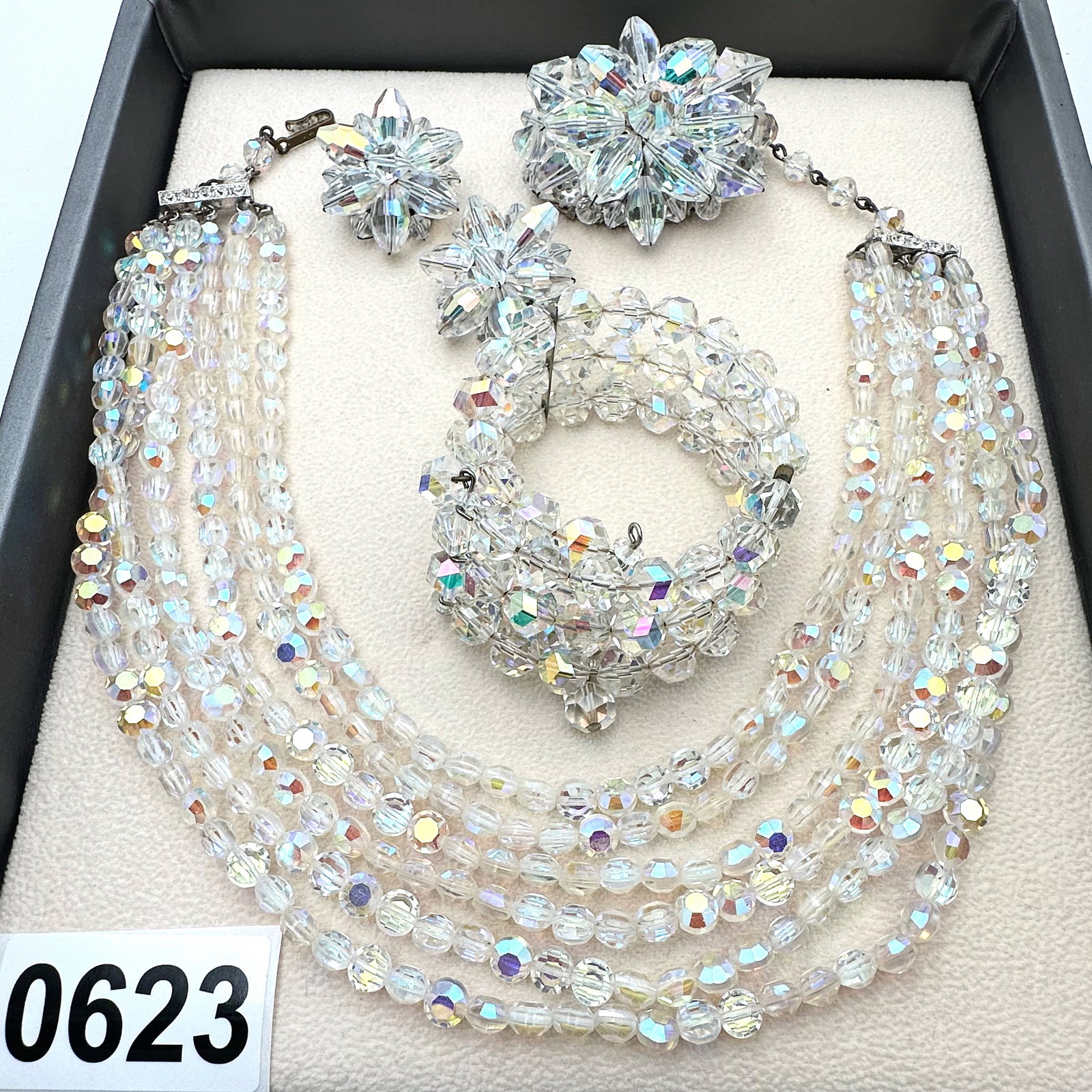 Vintage Aurora Borealis Crystal Multi Strand Necklace Bracelet Brooch and Clip Earrings: Vintage Aurora Borealis Crystal Multi Strand Necklace Bracelet Brooch and Clip Earrings