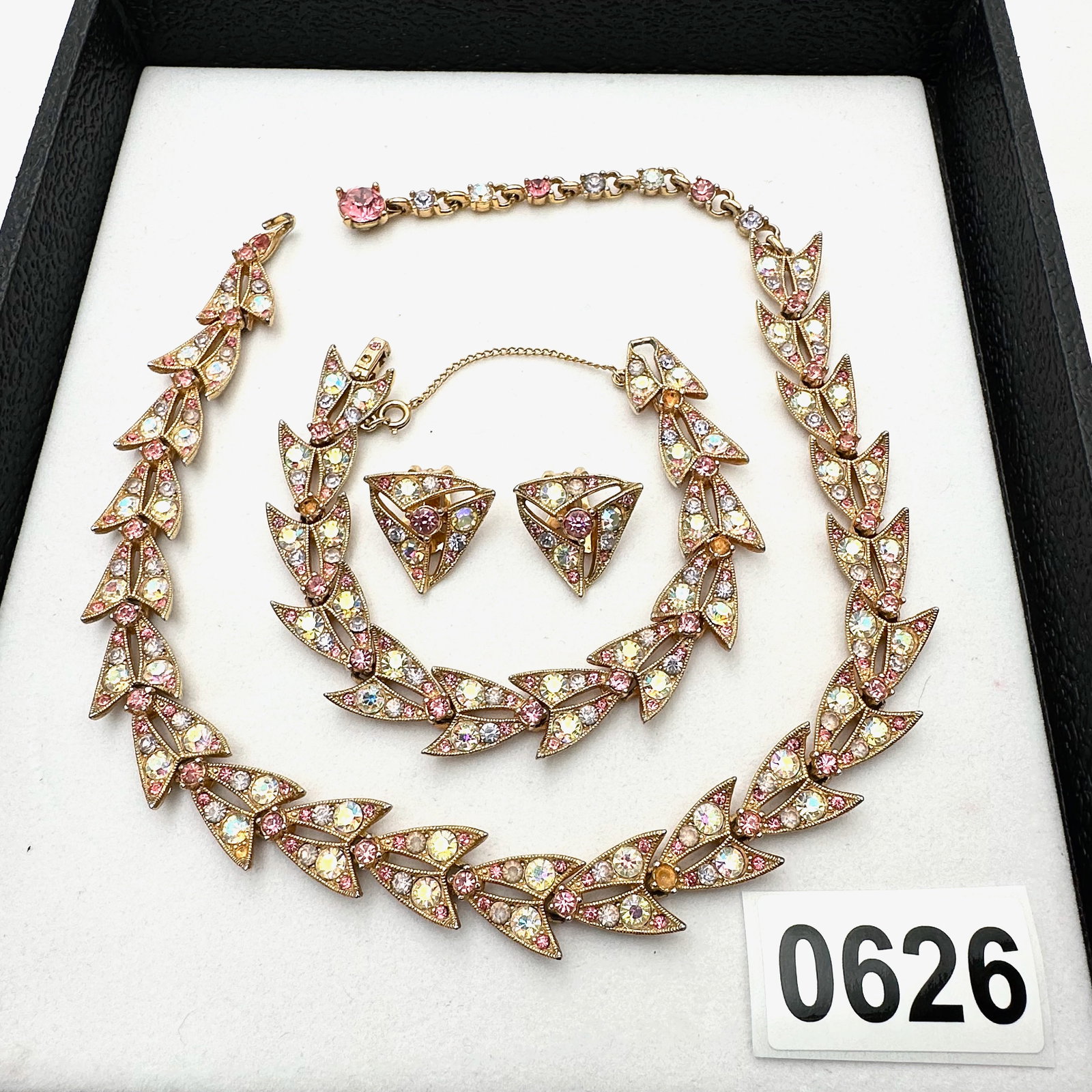 Vintage Bogoff Pink Rhinestone Gold Tone Necklace Bracelet and Clip Earrings: Vintage Bogoff Pink Rhinestone Gold Tone Necklace Bracelet and Clip Earrings