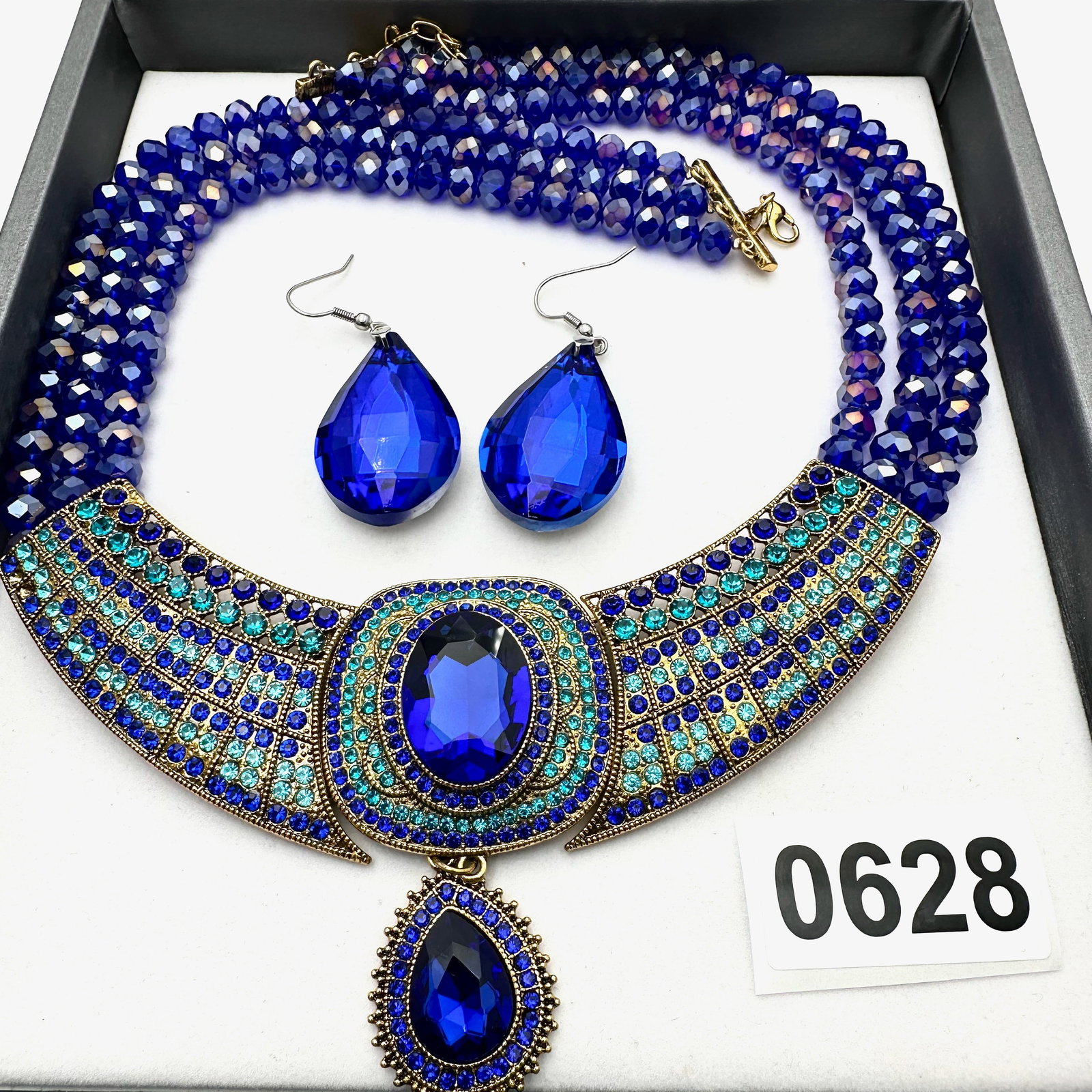 Multicolor Blue Crystal Gold Tone Statement Necklace and Pierced Earrings: Multicolor Blue Crystal Gold Tone Statement Necklace and Pierced Earrings